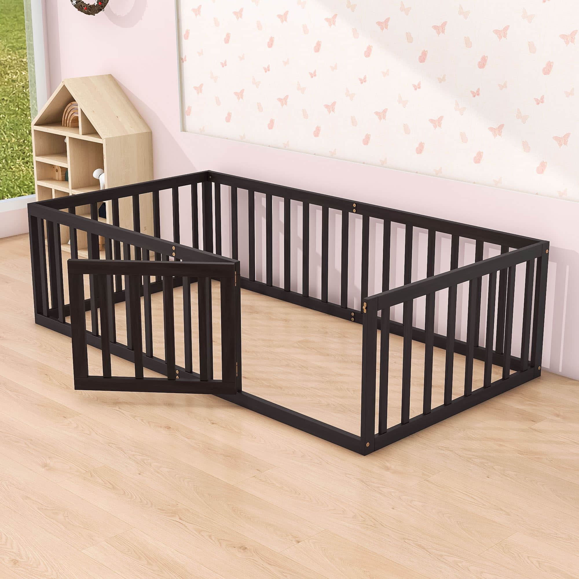 Wood Twin Size Montessori Toddler Floor Bed Frame with Rails and Door