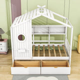 Kids Wooden Twin Size House Bed with Storage Drawers, Shelves