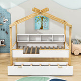 Full House Kids Bed Frame with Twin Trundle Bed and Bookshelf Storage