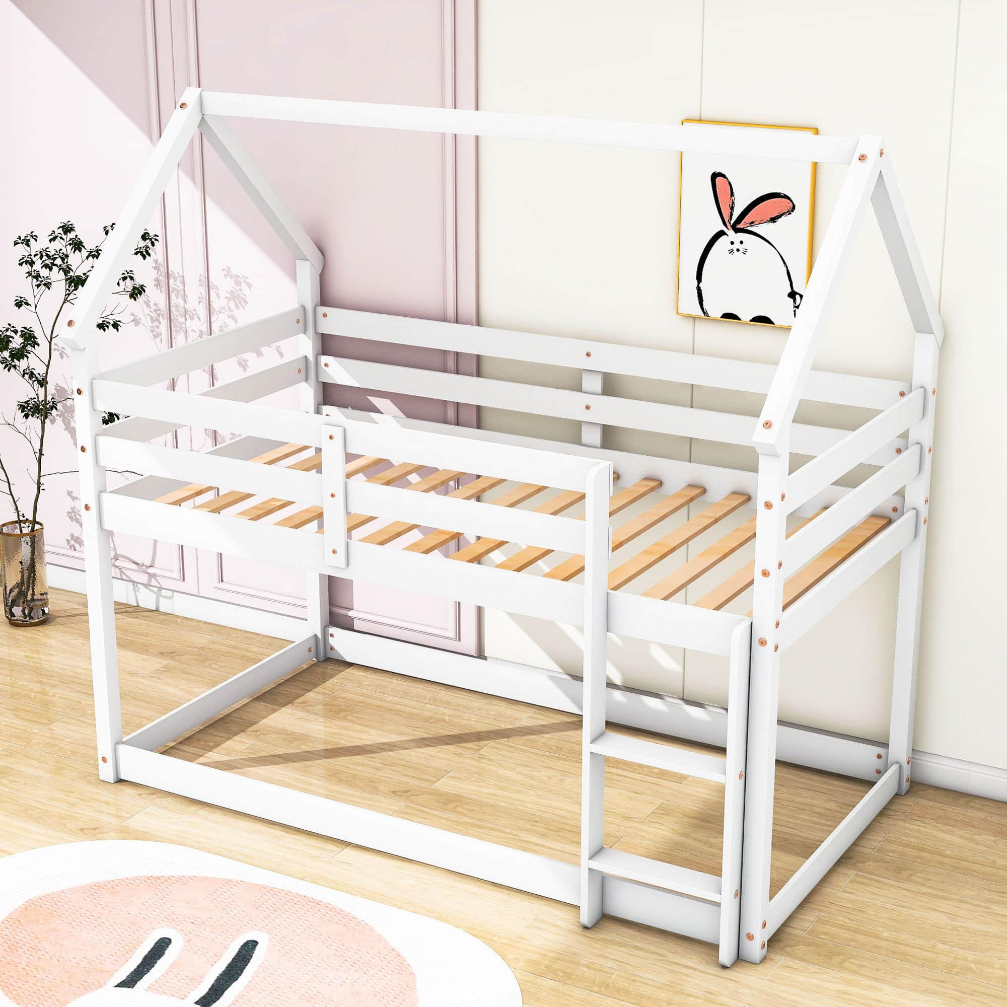 Small Low Twin Over Twin House Floor Bunk Beds for Kids, Toddler