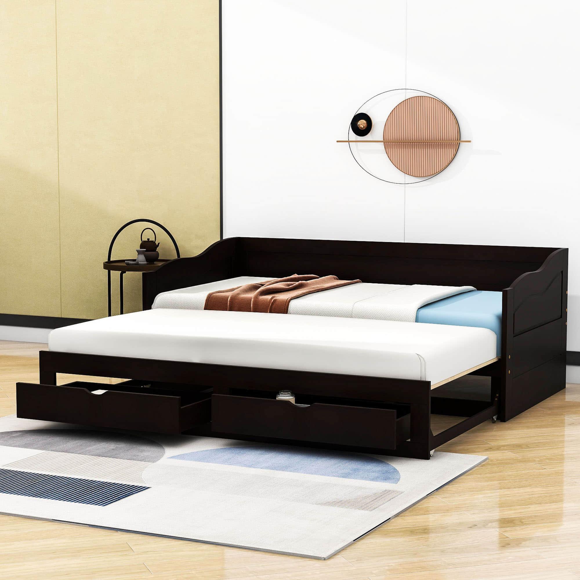 Wood Twin to King Extendable Daybed with Trundle and Storage Drawers