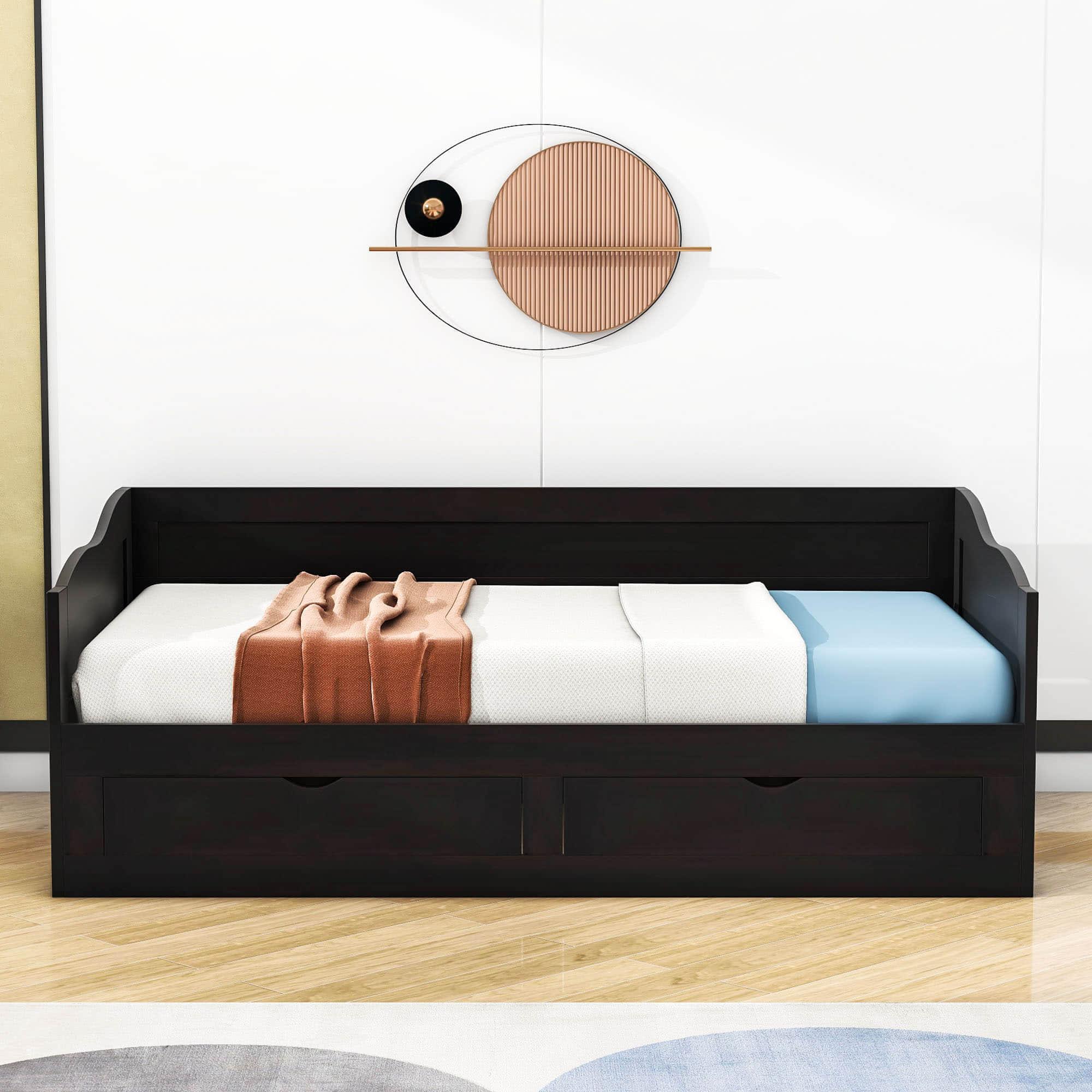 Wood Twin to King Extendable Daybed with Trundle and Storage Drawers