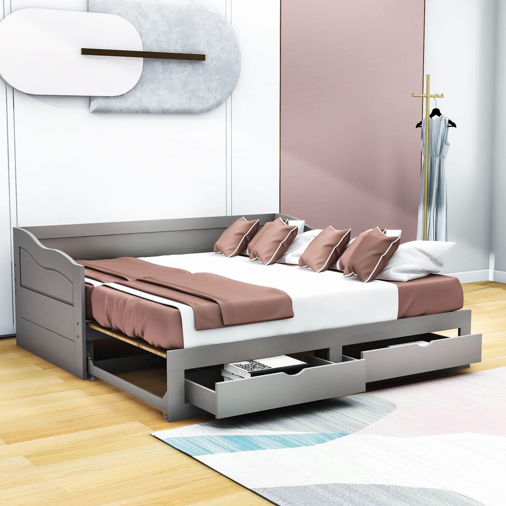 Wood Twin to King Extendable Daybed with Trundle and Storage Drawers