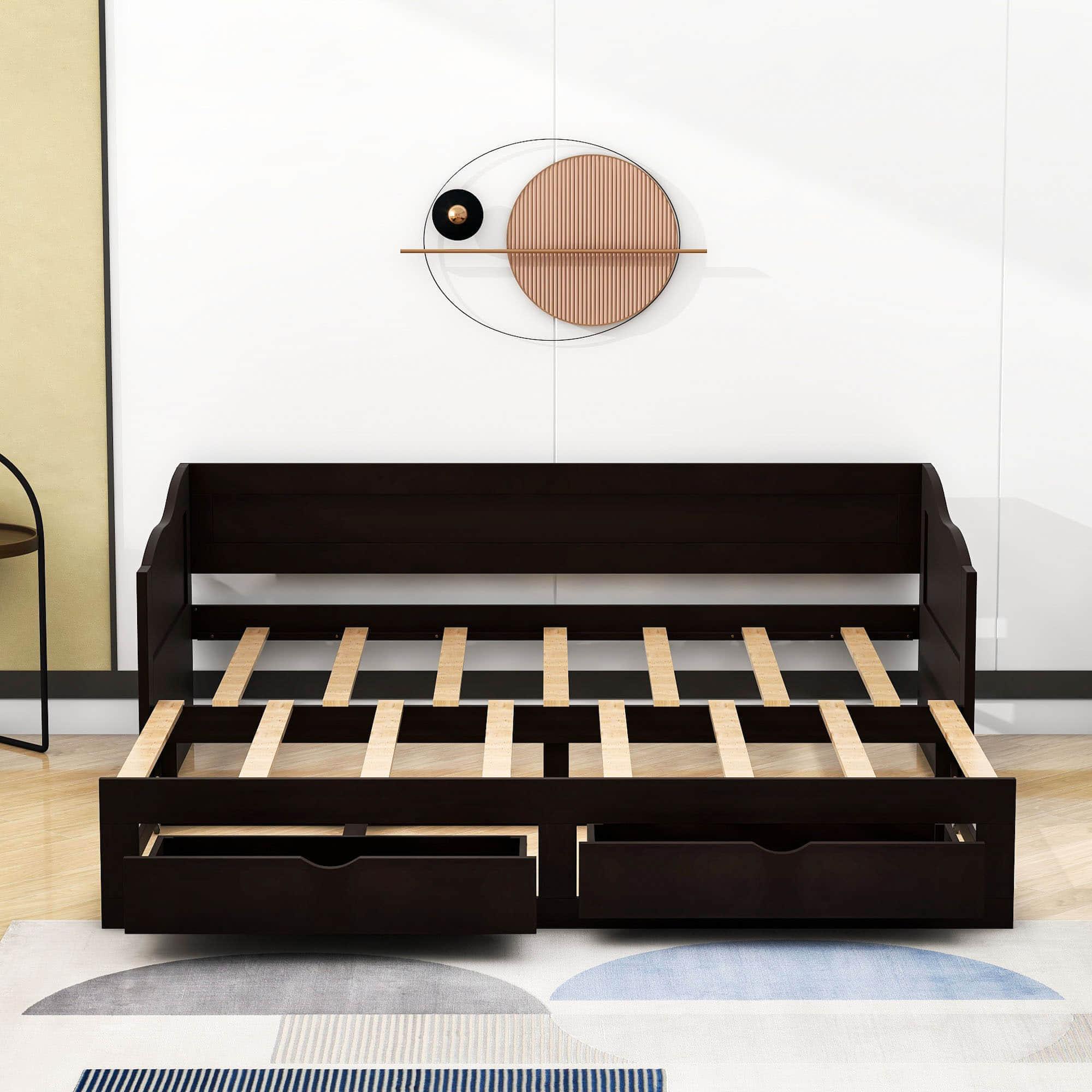 Wood Twin to King Extendable Daybed with Trundle and Storage Drawers