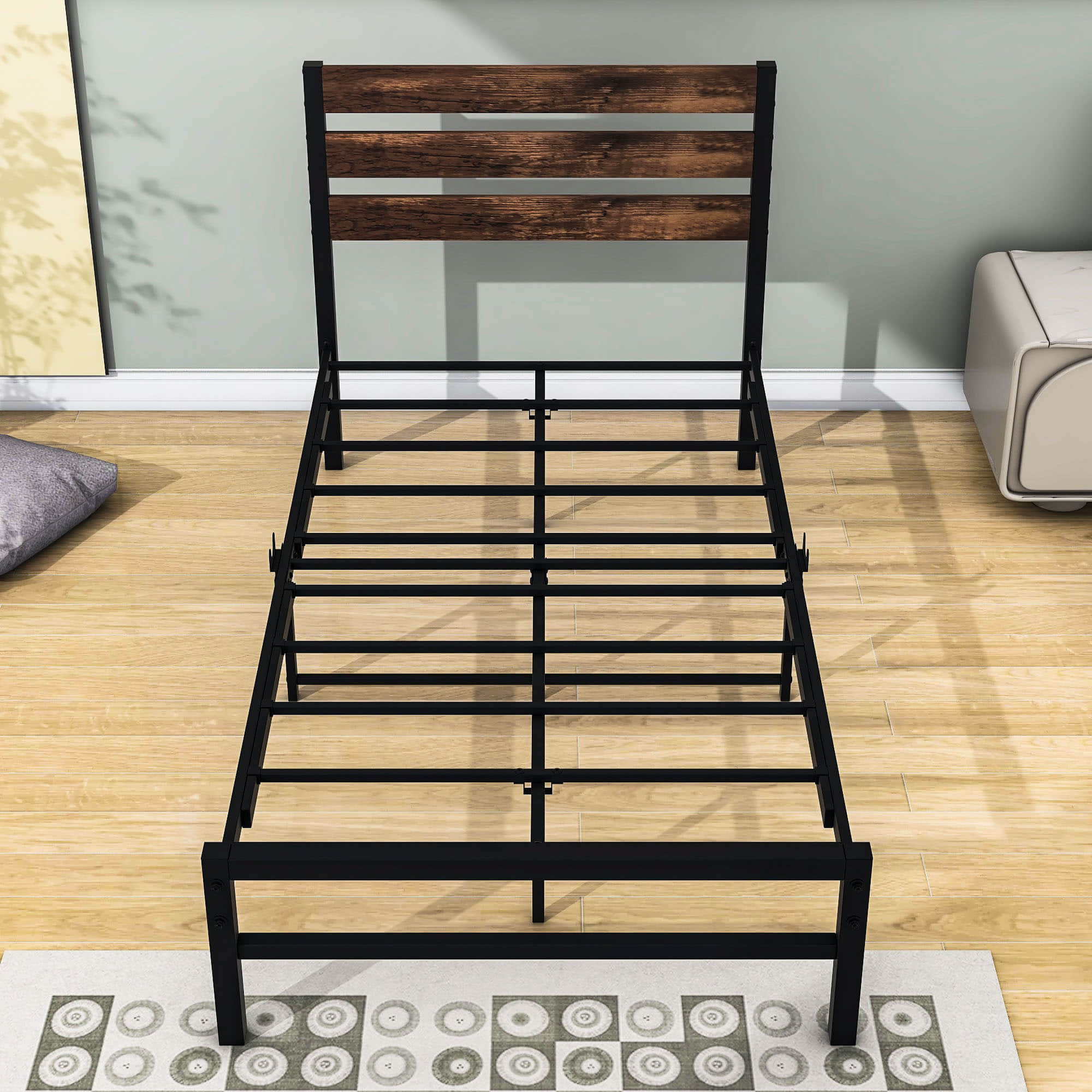 Rustic Twin Size Metal Bed Frame with Vintage Wood Headboard