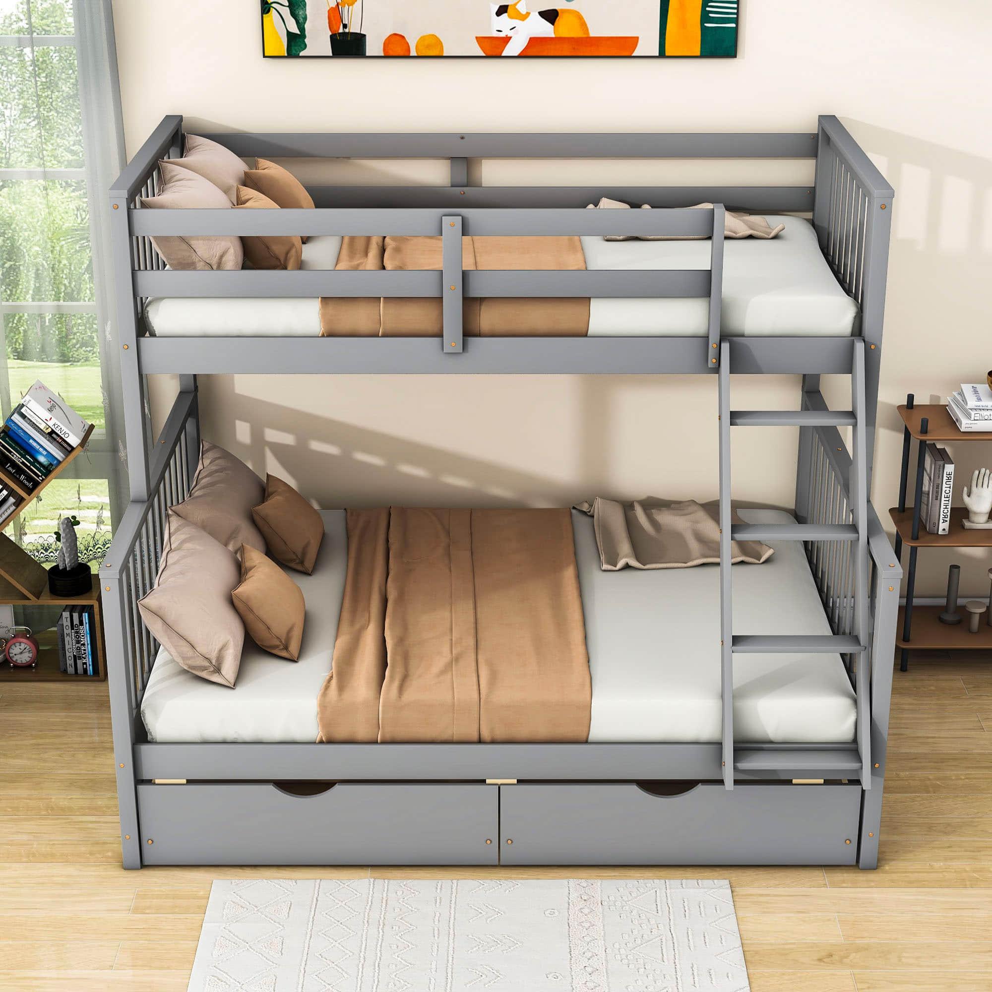 Wooden Classic Twin Over Full Bunk Bed with Ladder and Storage Drawers