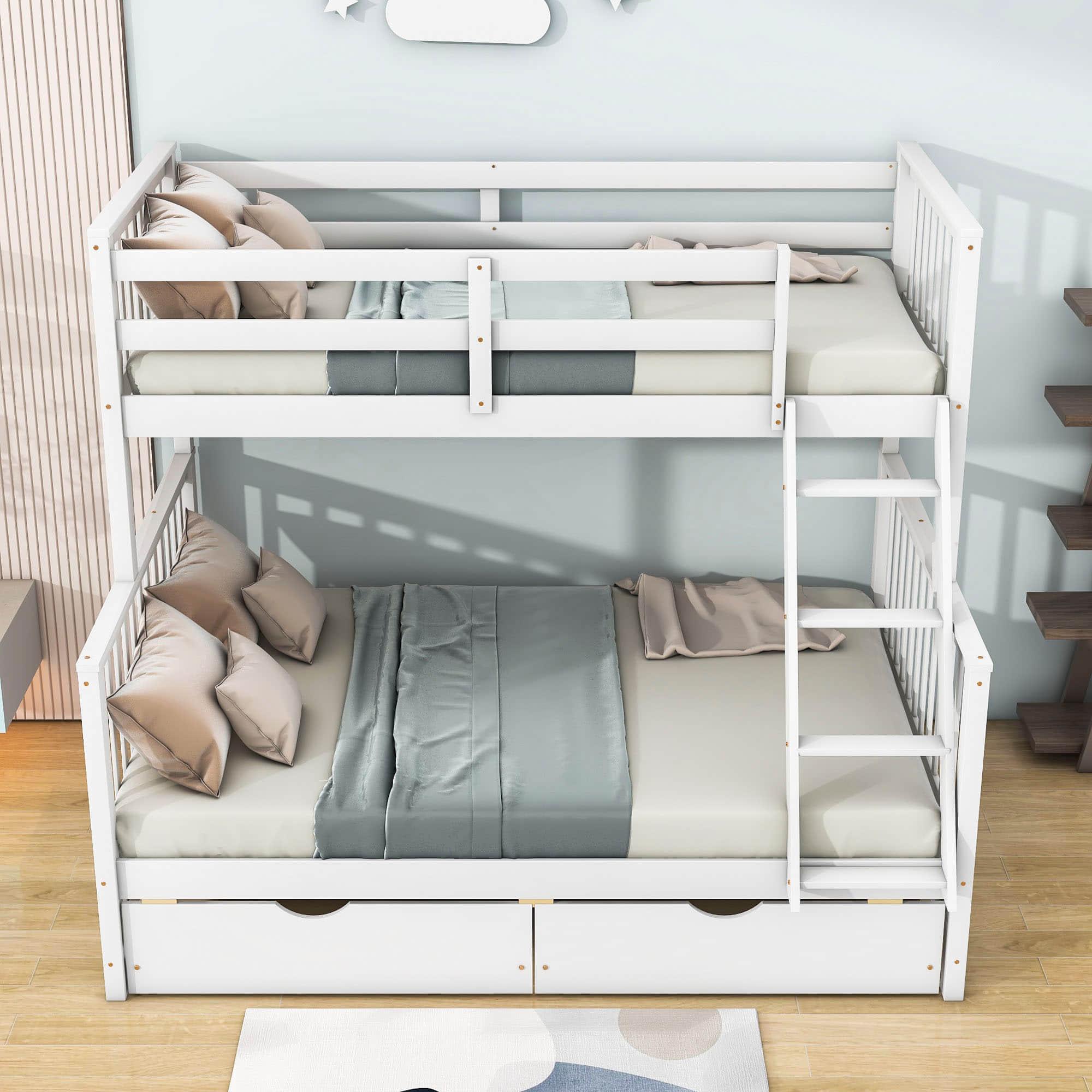 Wooden Classic Twin Over Full Bunk Bed with Ladder and Storage Drawers