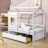 Kids Twin Size Wood House Bed with Rails Storage Drawers