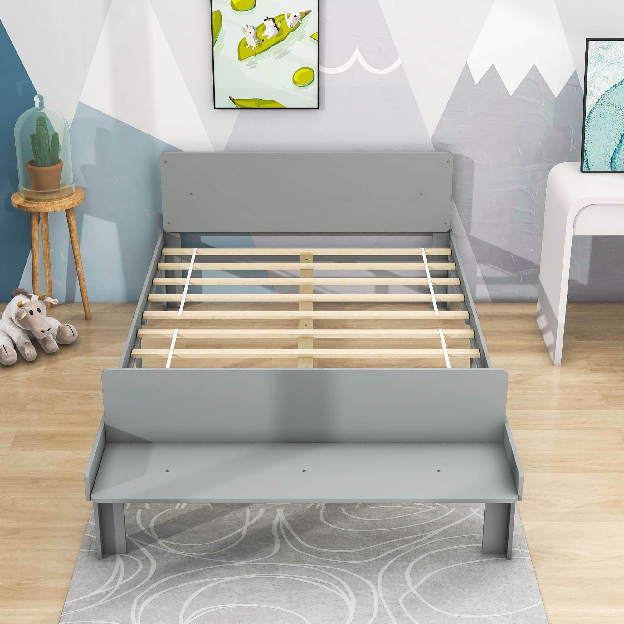 Full Size Kids Bed Frame with Headboard and Footboard Bench, Storage