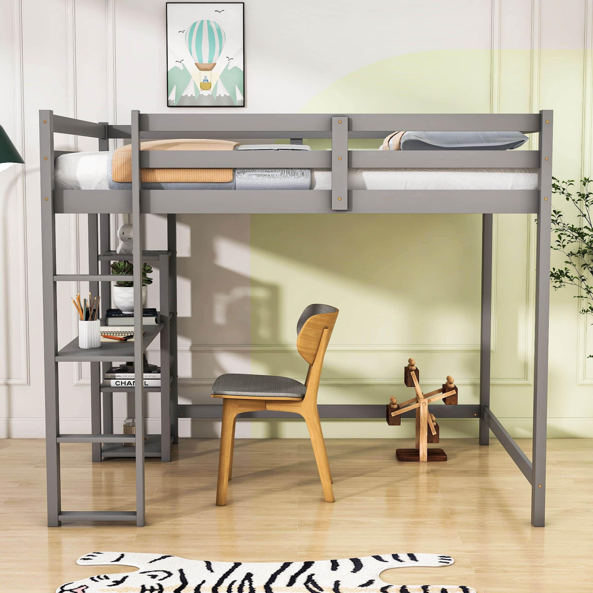 Heavy-Duty Full Size Loft Bed with Desk and Shelves for Adult, Junior - [Wood, Medium]