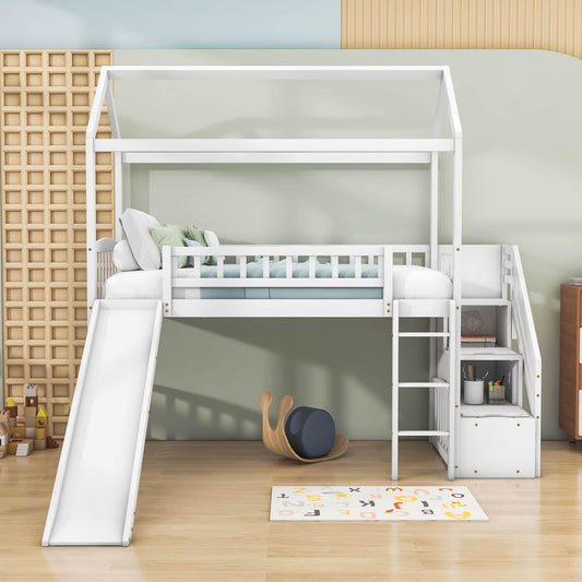 Kids Twin Playhouse Loft Bed with Storage Stairs and Slide - [Wood, Low]