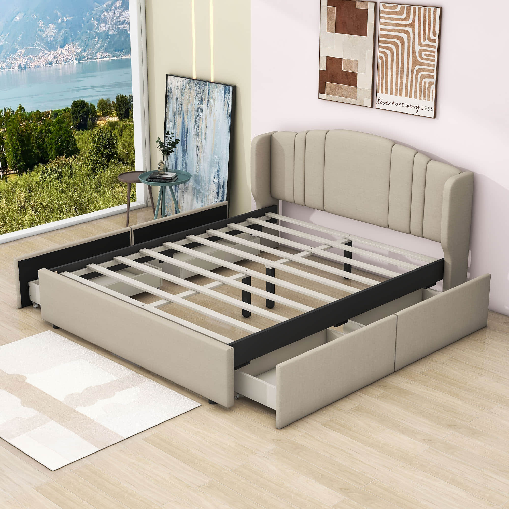 Queen Modern Upholstered Bed Frame with Headboard and Storage