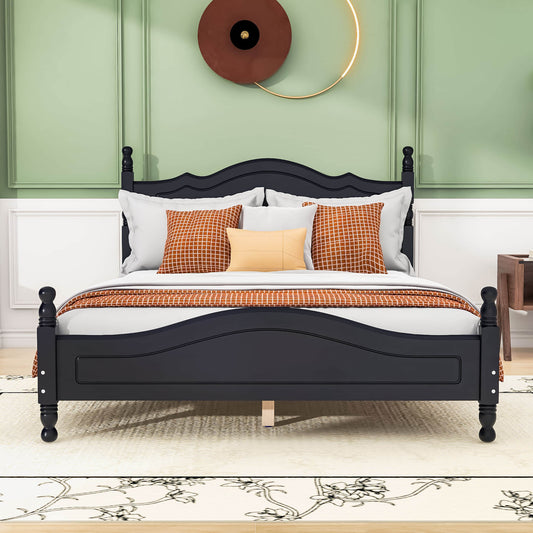 Traditional Full Size Low Profile Wood Platform Bed Frame with Headboard