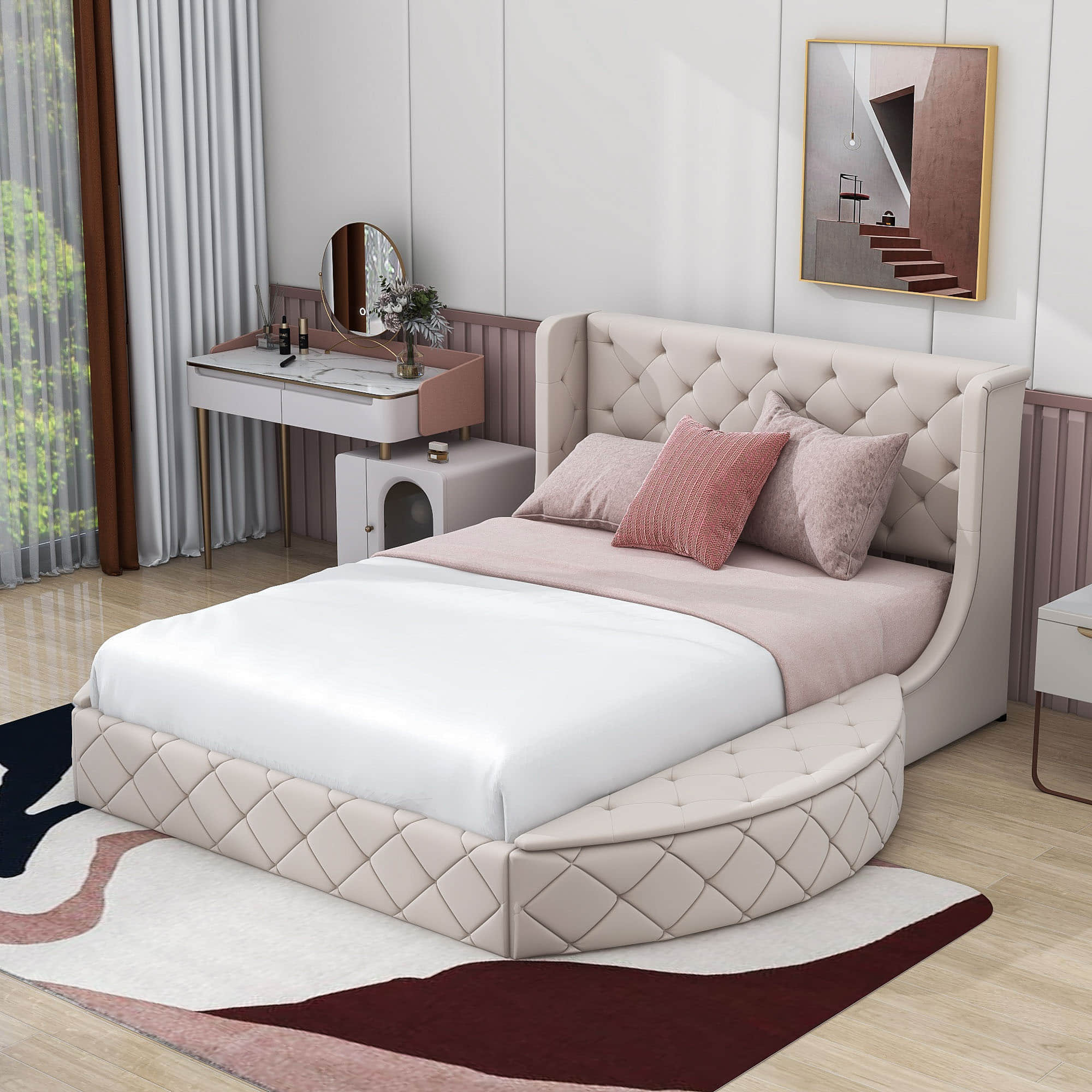 Upholstered Queen Platform Bed Frame with Wingback Headboard and Storage