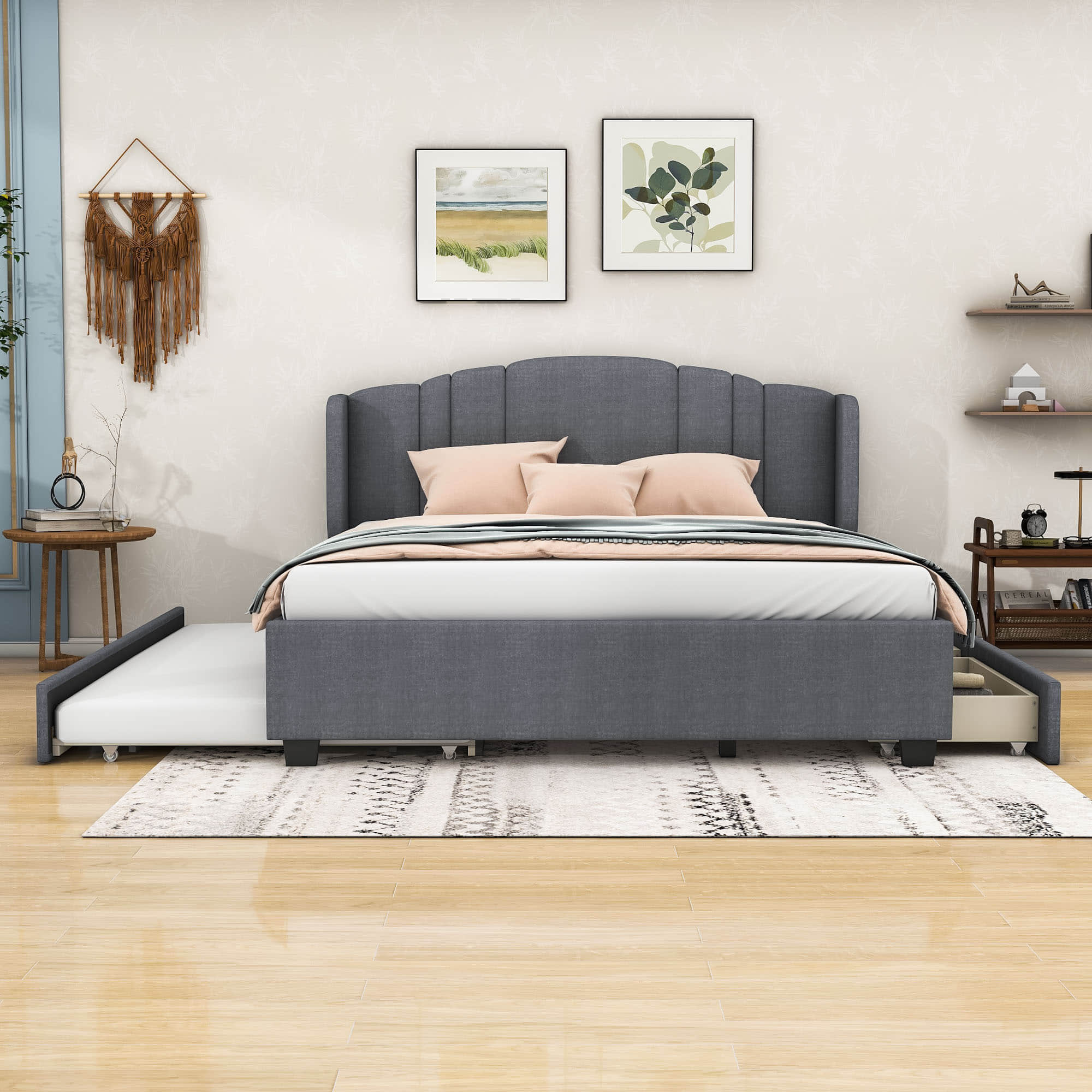 Modern Upholstered Queen Platform Bed Frame with Headboard and Storage