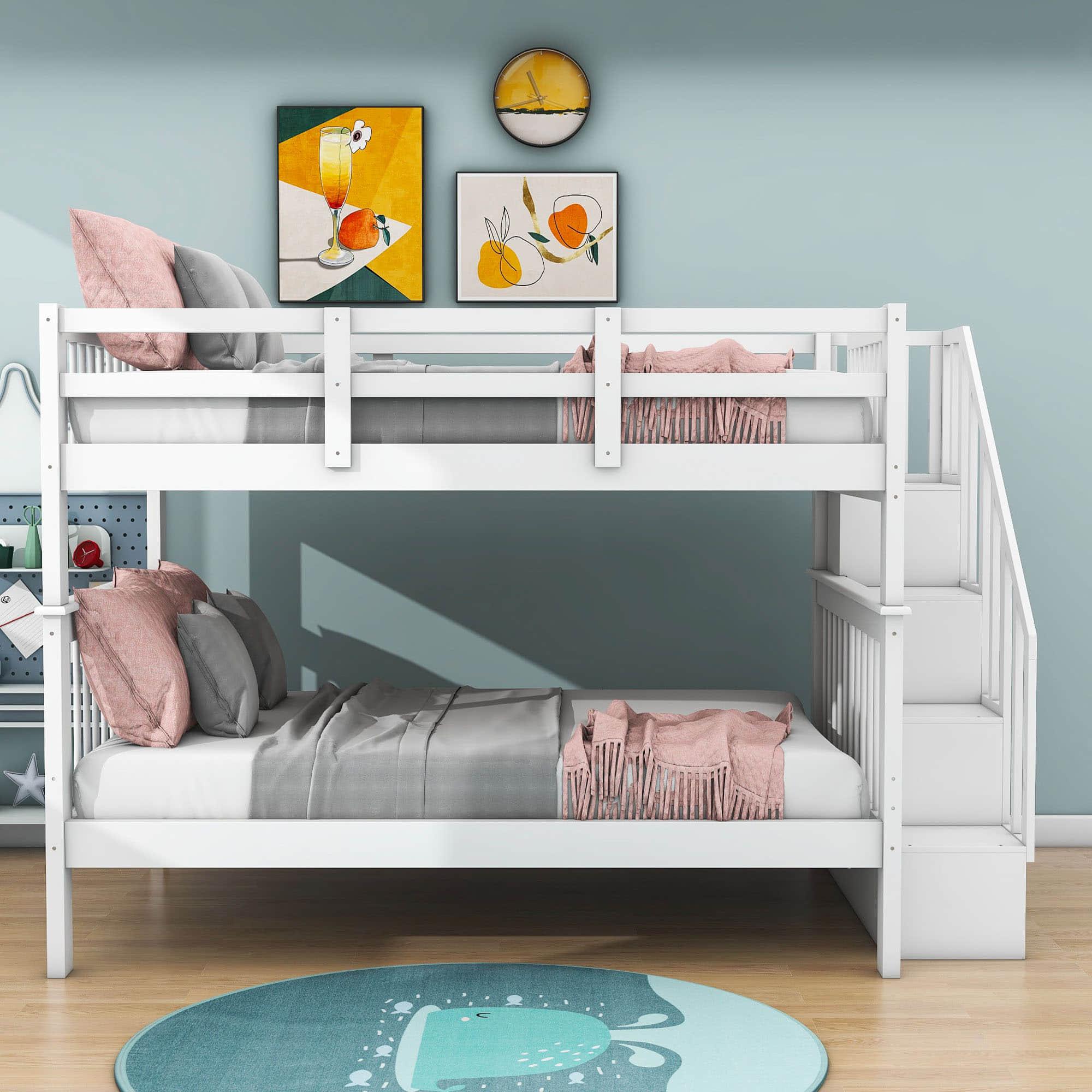 Wooden Full Over Full Bunk Beds with Storage and Stairs - [Detachable]