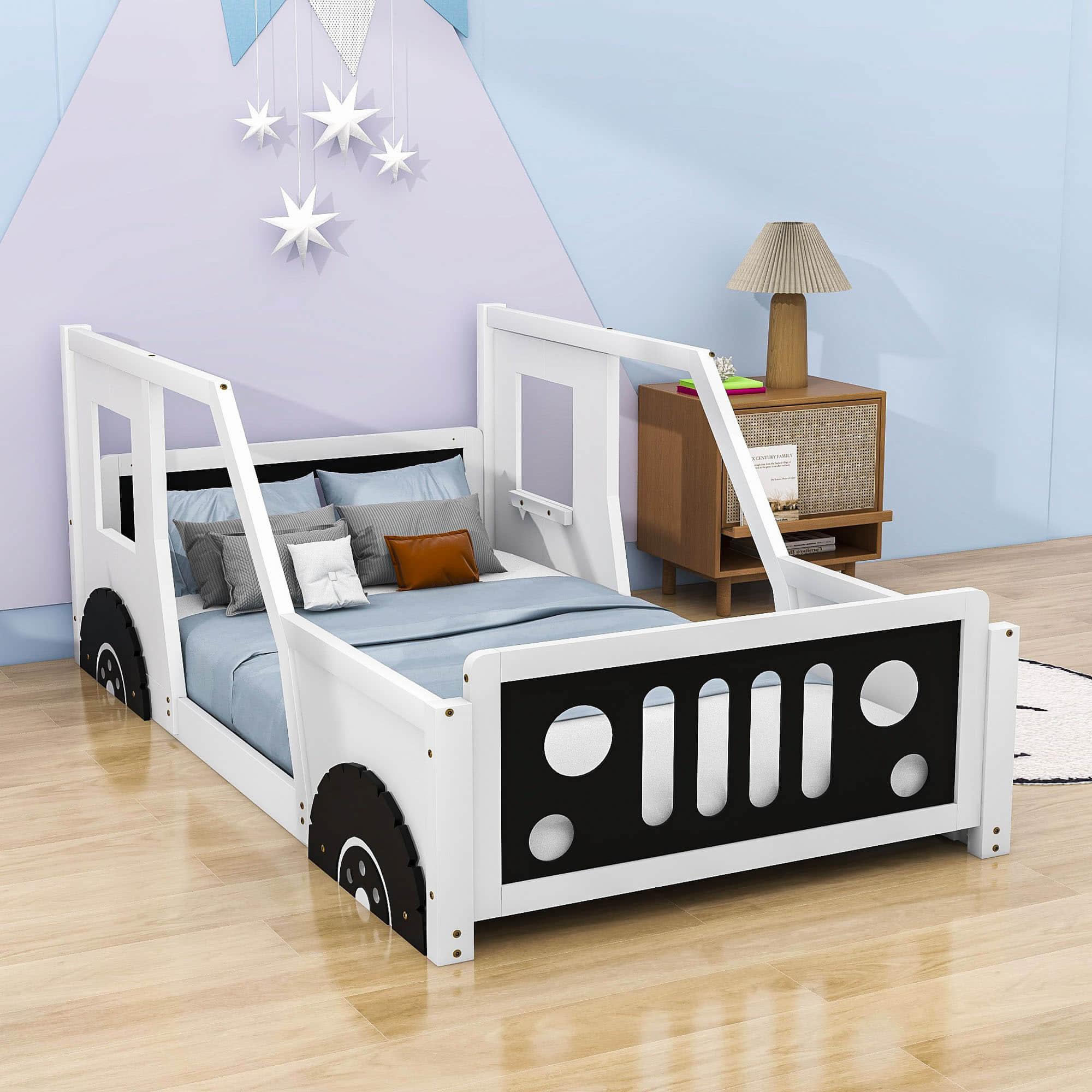 Wooden Jeep Car-Shaped Twin Bed Frame for Kids, Toddler - [Floor Bed]