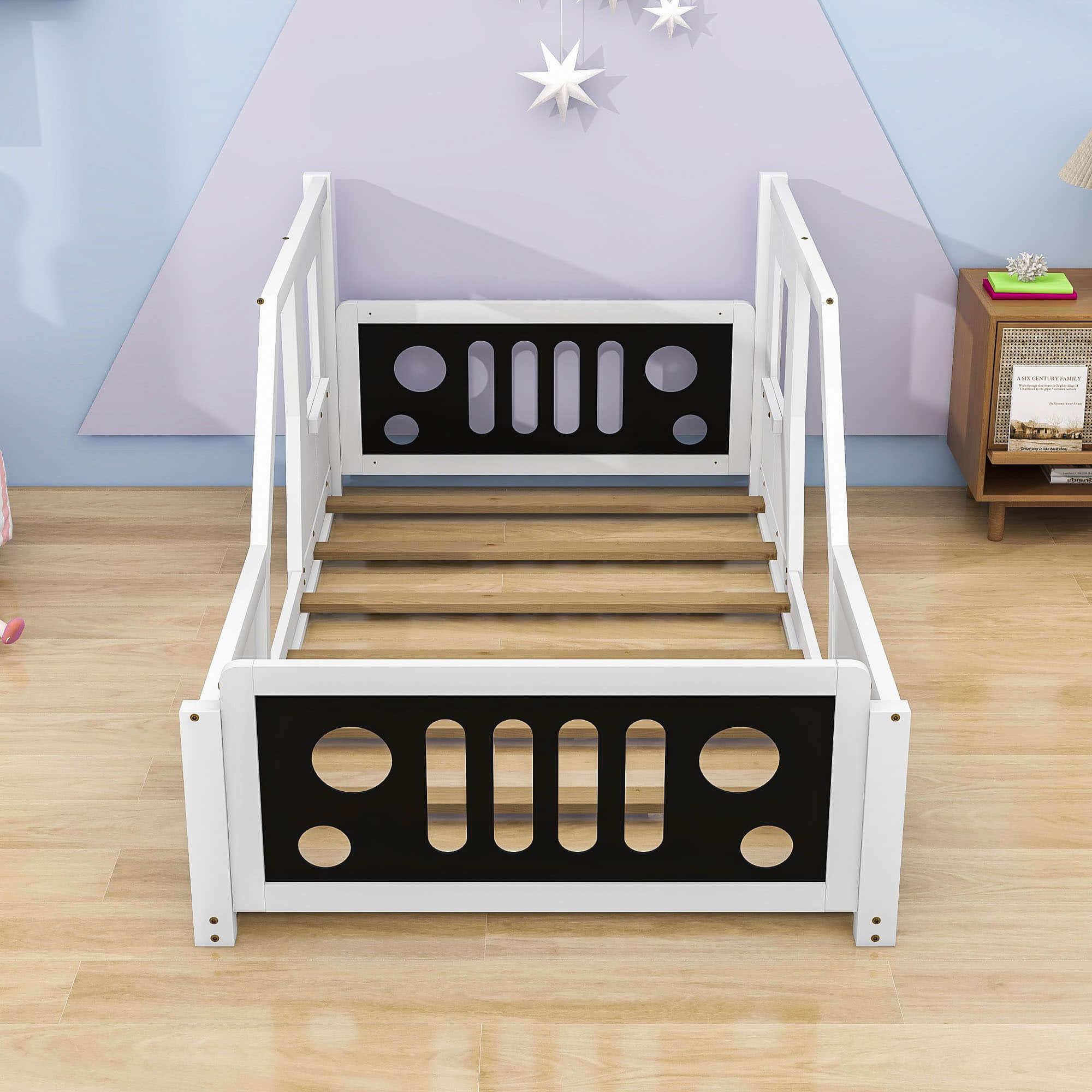 Wooden Jeep Car-Shaped Twin Bed Frame for Kids, Toddler - [Floor Bed]