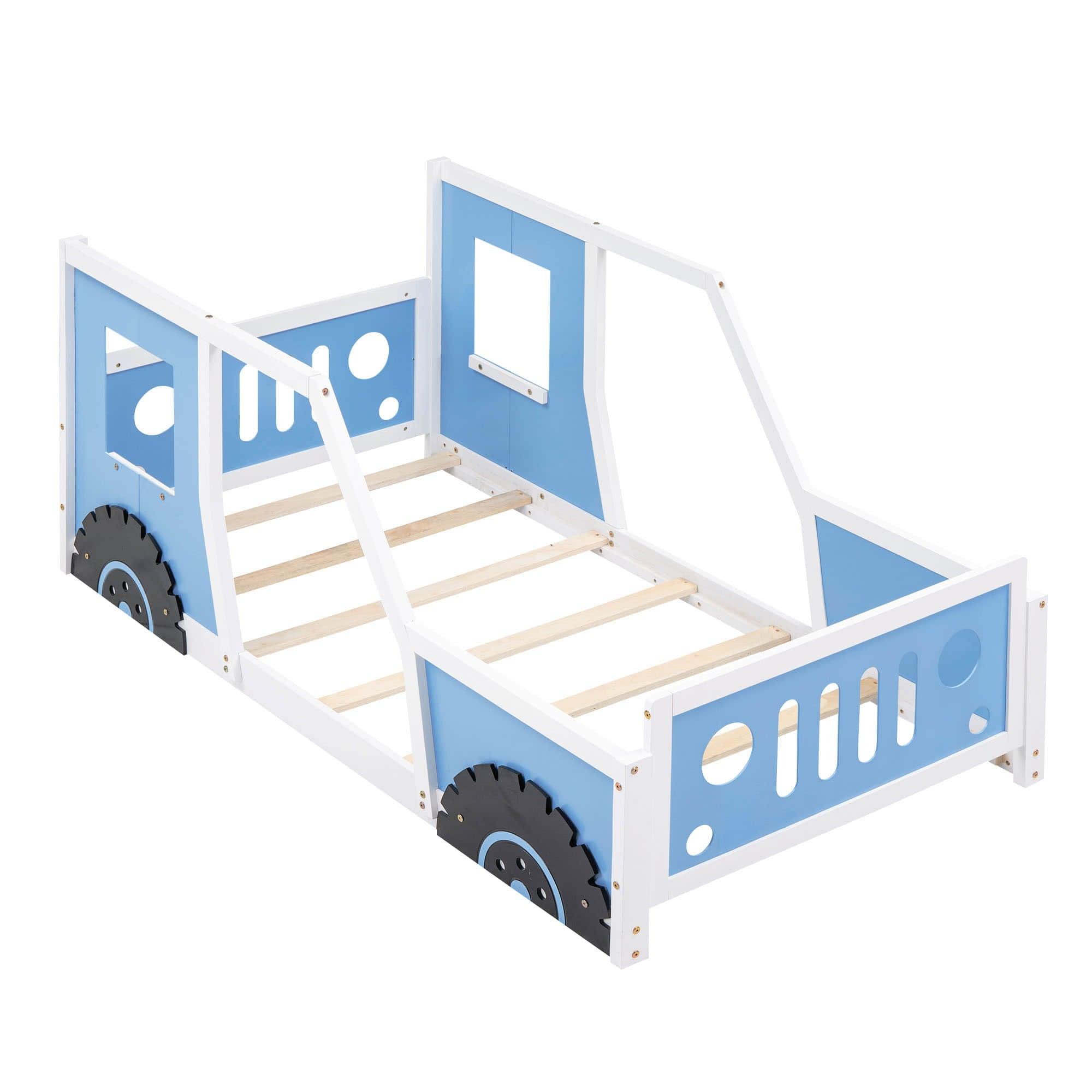 Wooden Jeep Car-Shaped Twin Bed Frame for Kids, Toddler - [Floor Bed]