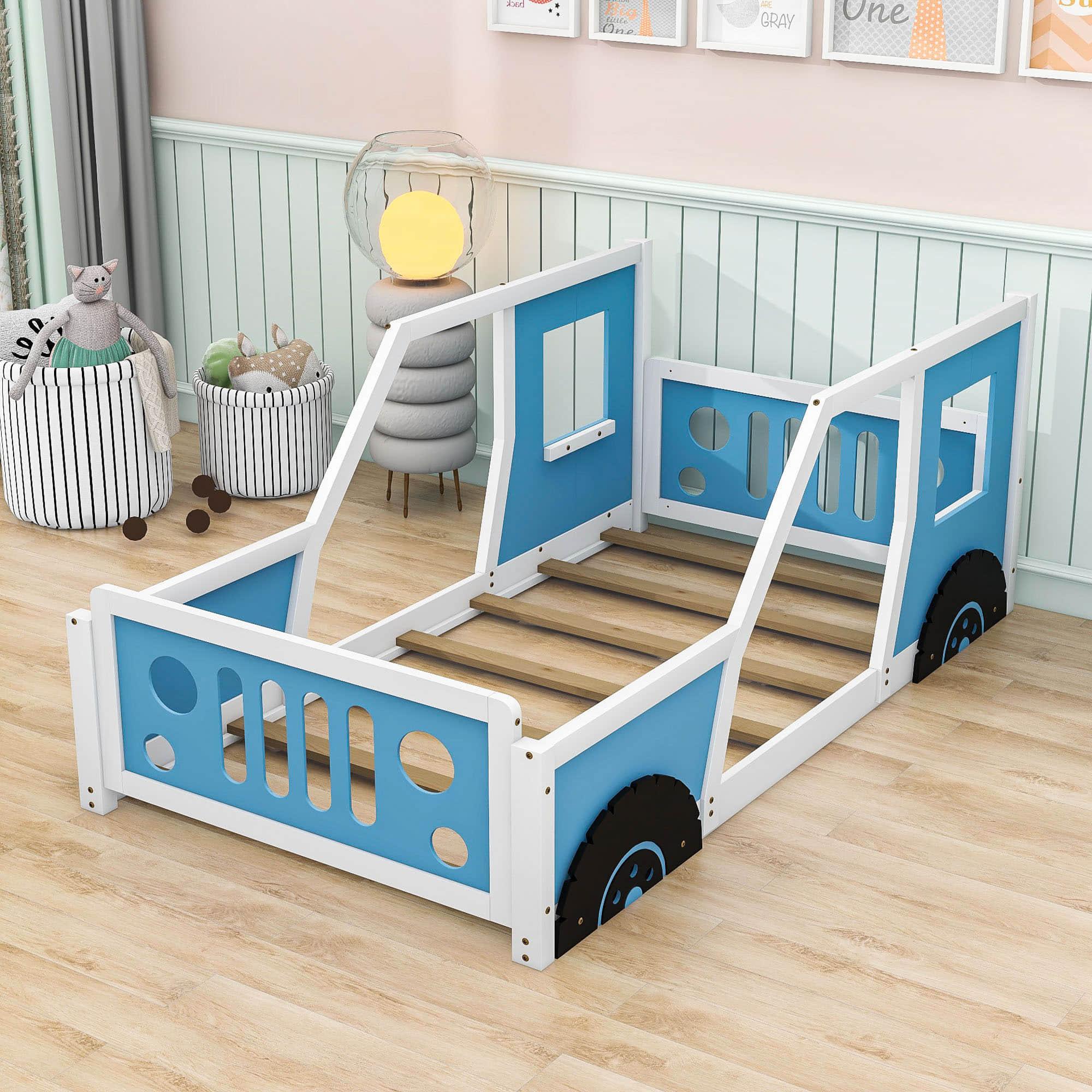 Wooden Jeep Car-Shaped Twin Bed Frame for Kids, Toddler - [Floor Bed]