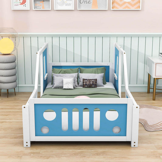 Wooden Jeep Car-Shaped Twin Bed Frame for Kids, Toddler - [Floor Bed]