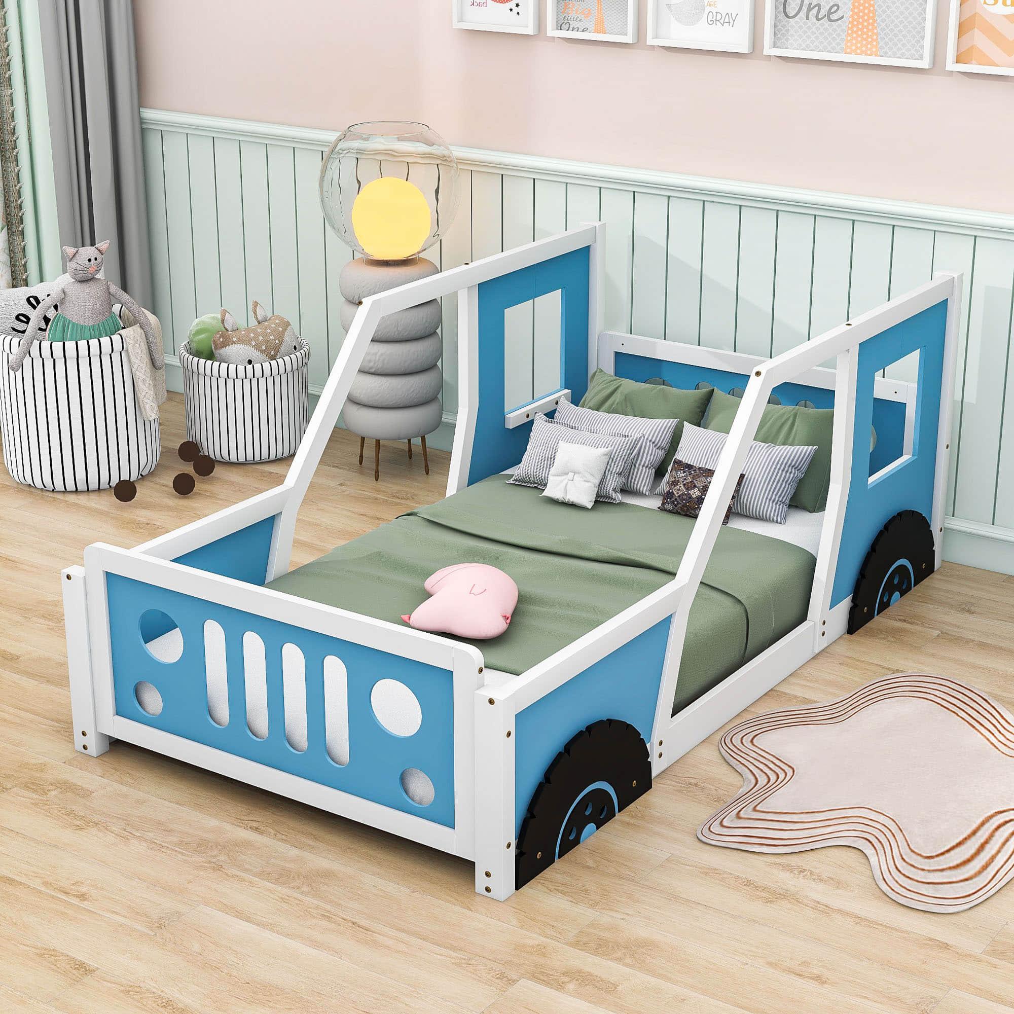 Wooden Jeep Car-Shaped Twin Bed Frame for Kids, Toddler - [Floor Bed]