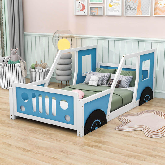 Wooden Jeep Car-Shaped Twin Bed Frame for Kids, Toddler - [Floor Bed]