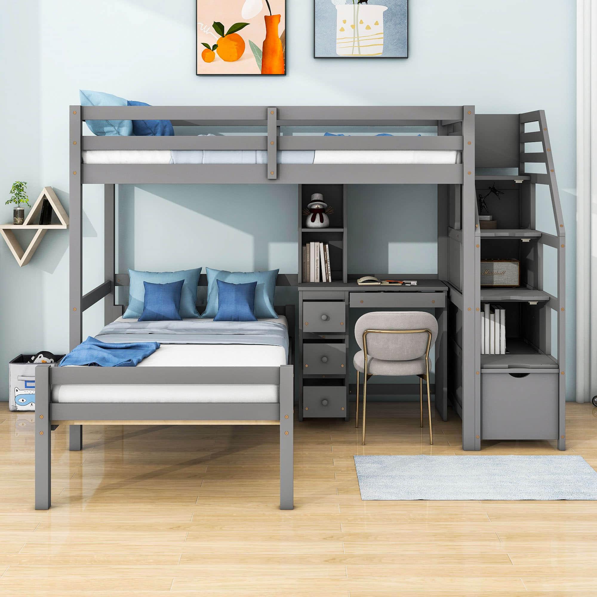 Twin Over Twin Bunk Beds with Desk and Storage Stairs - [Drawers, Shelves, L-Shaped]