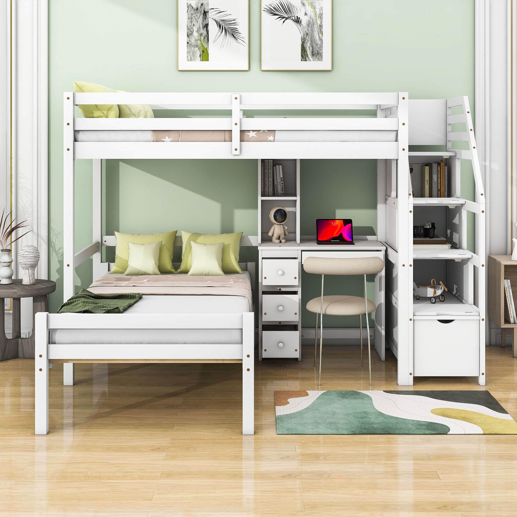 Twin Over Twin Bunk Beds with Desk and Storage Stairs - [Drawers, Shelves, L-Shaped]