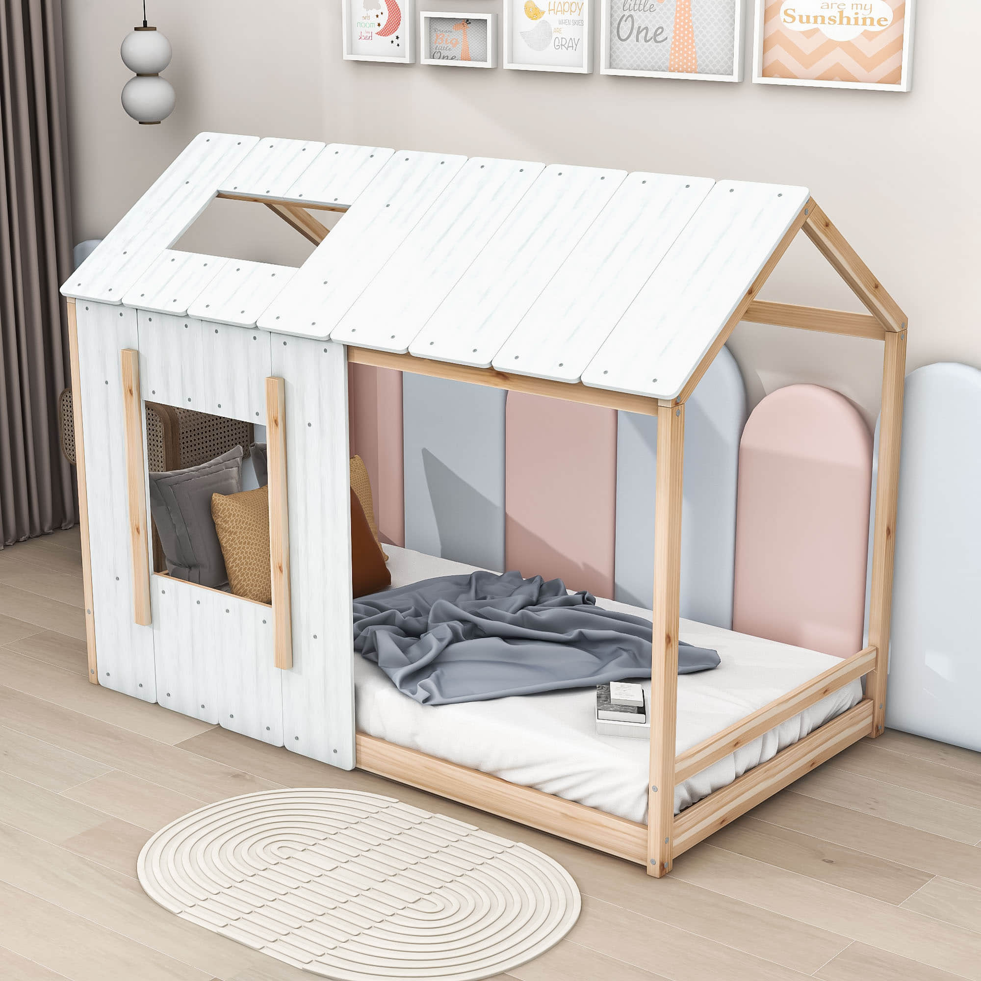 Wood House-Shaped Twin Floor Bed Frame for Toddler, Kids - [Roof]