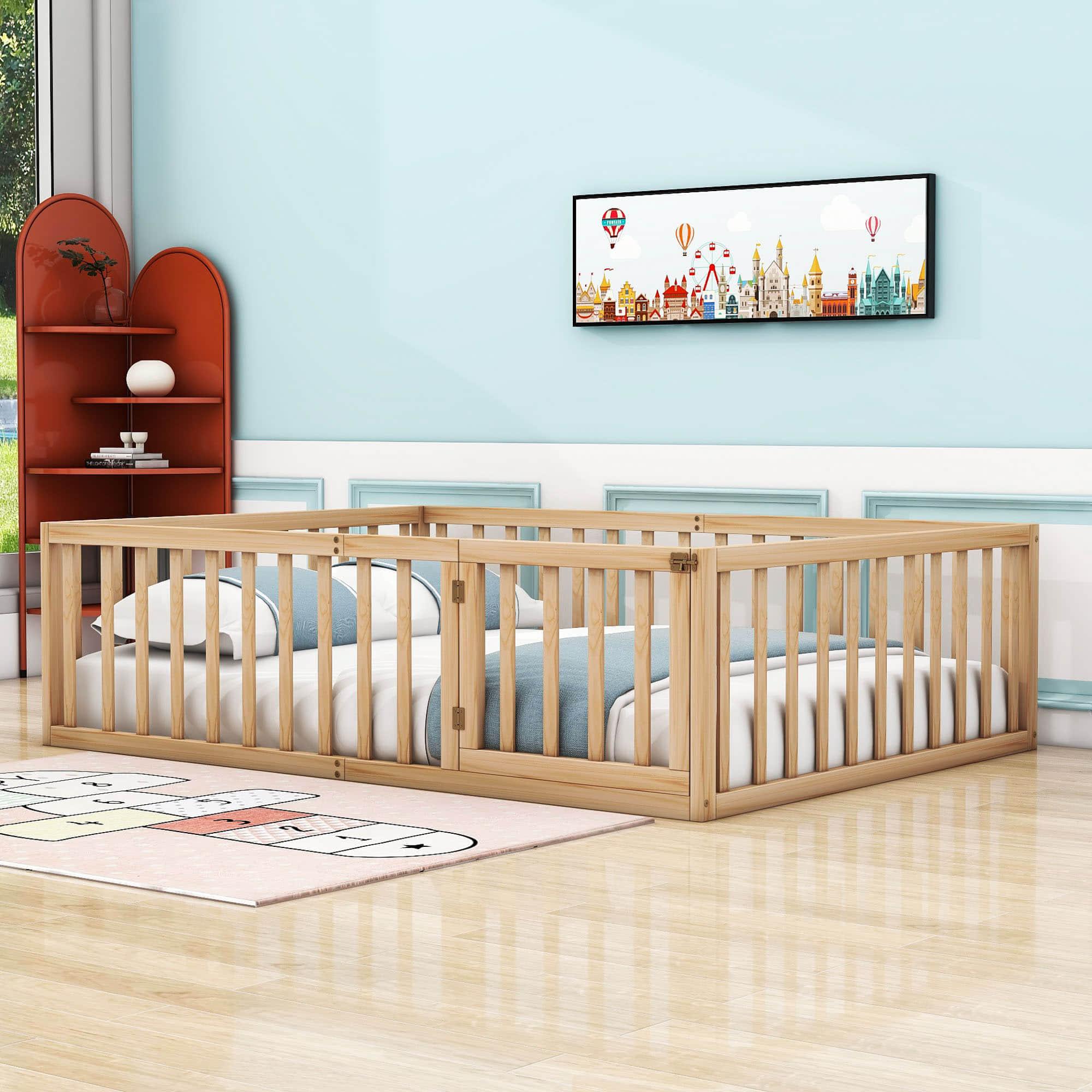 Wooden Full Size Floor Toddler Bed with Rails