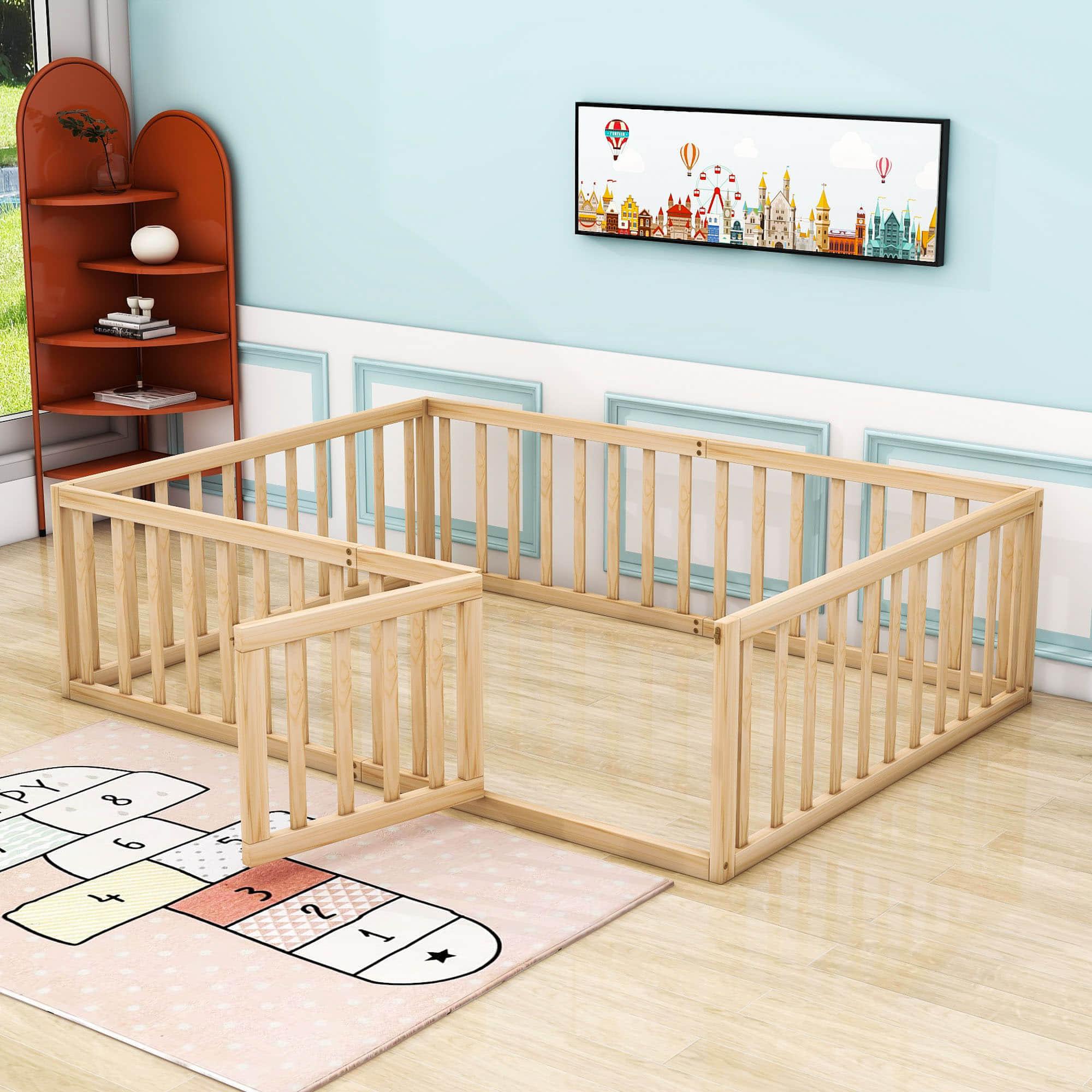 Wooden Full Size Floor Toddler Bed with Rails