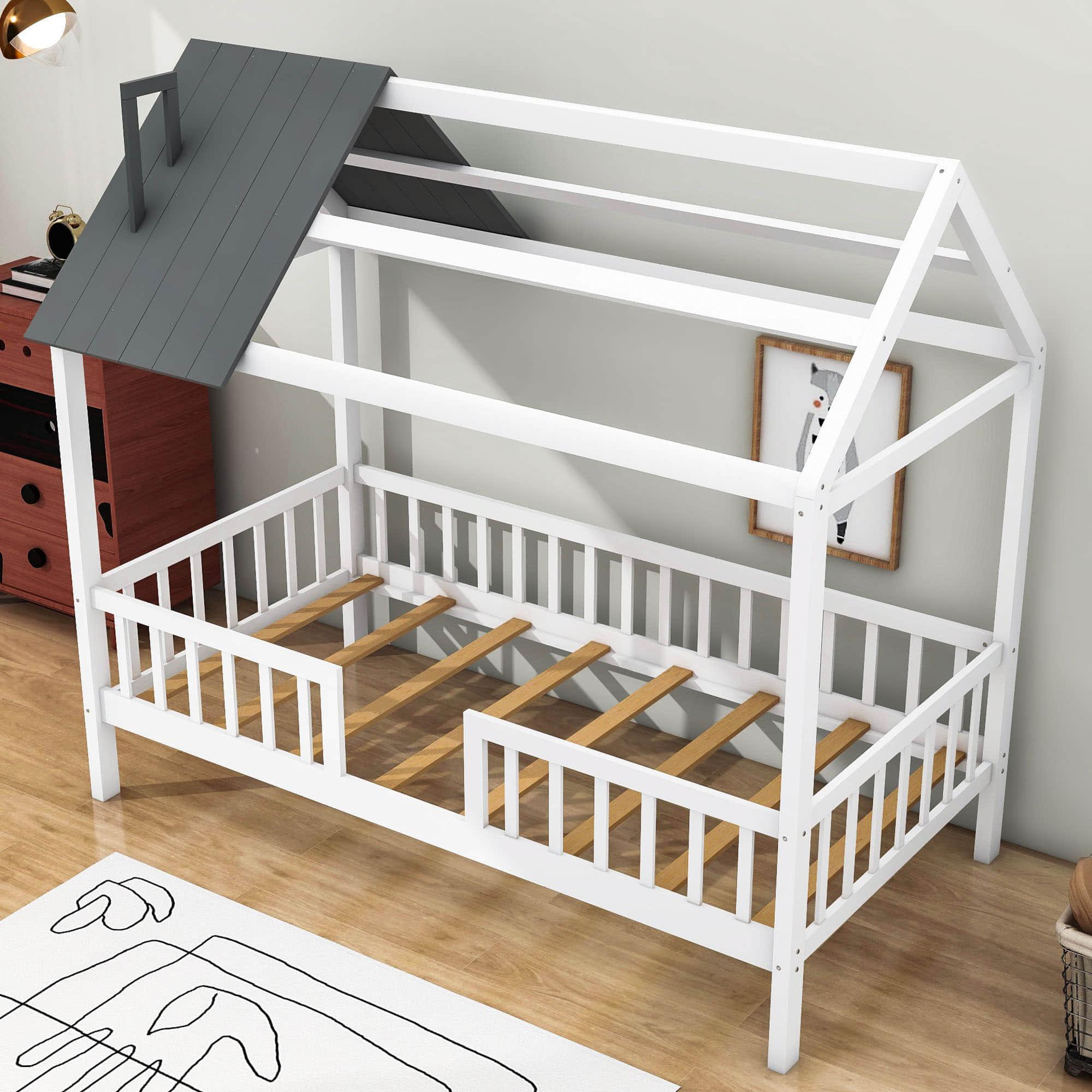 Twin Size Montessori Wooden Kids Low Farmhouse Bed Frame with Rails