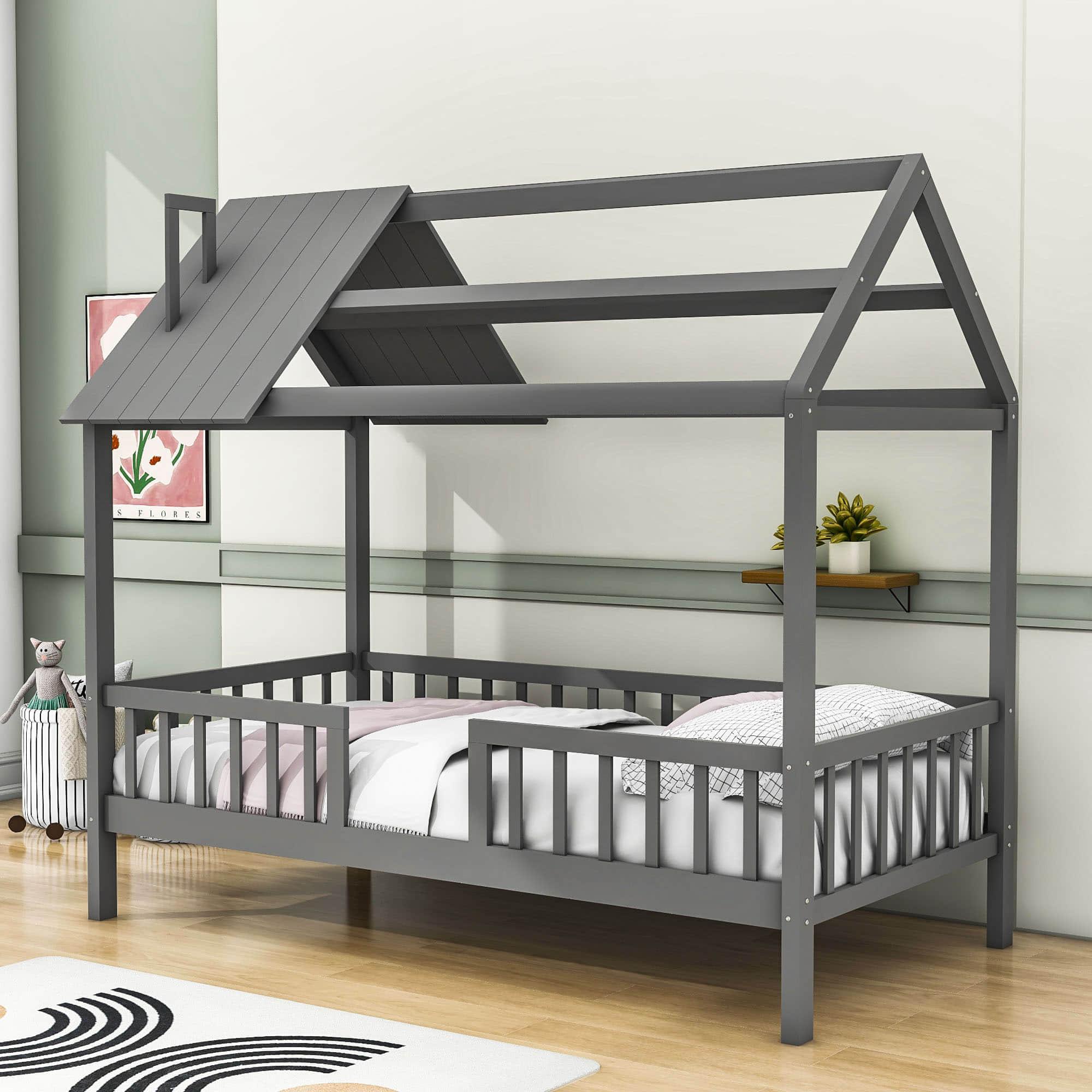 Twin Size Montessori Wooden Kids Low Farmhouse Bed Frame with Rails