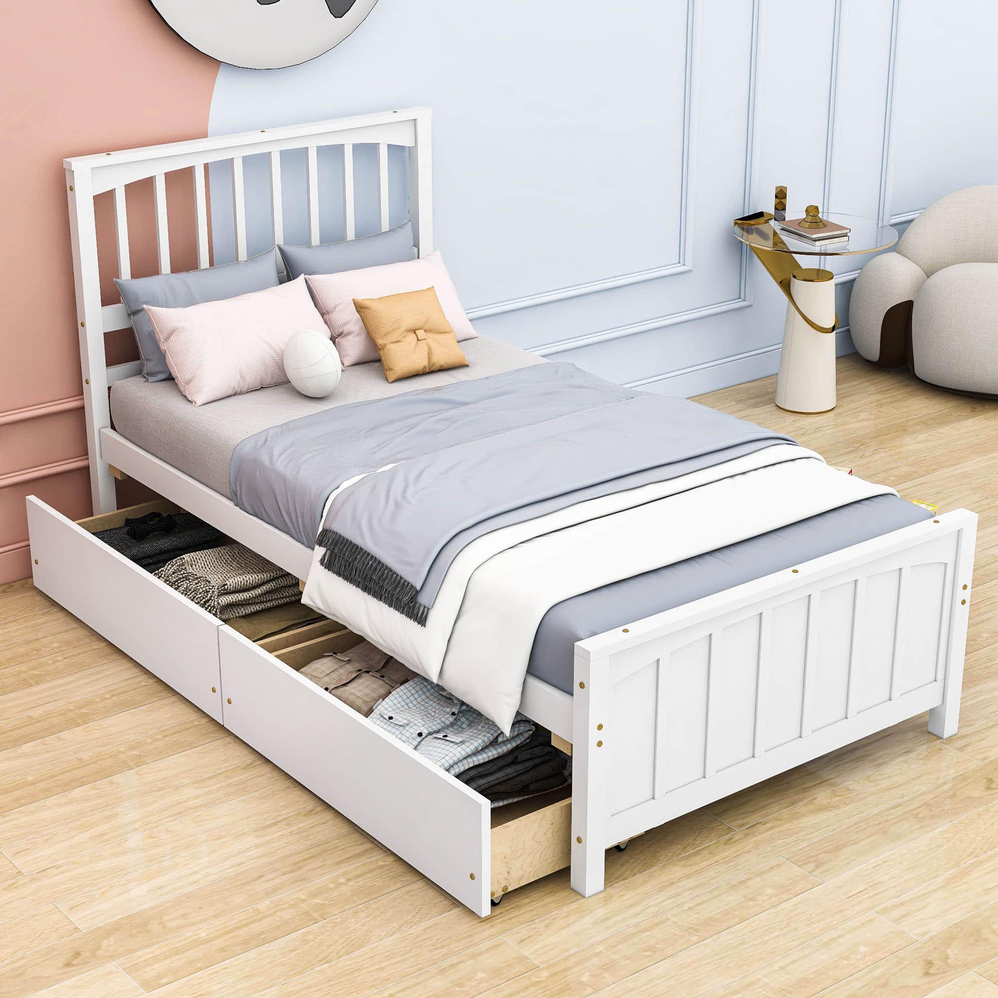 Wood Kids Storage Bed Frame with Headboard and Drawers