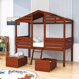 Twin Low Loft FarmHouse Bed with Storage Drawers for Kids - [Wood]