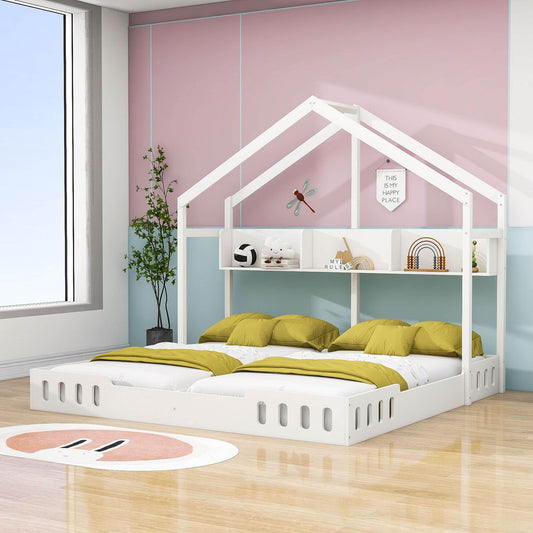 White Double Shared Twin Size House Toddler Floor Bed Frame with Rails