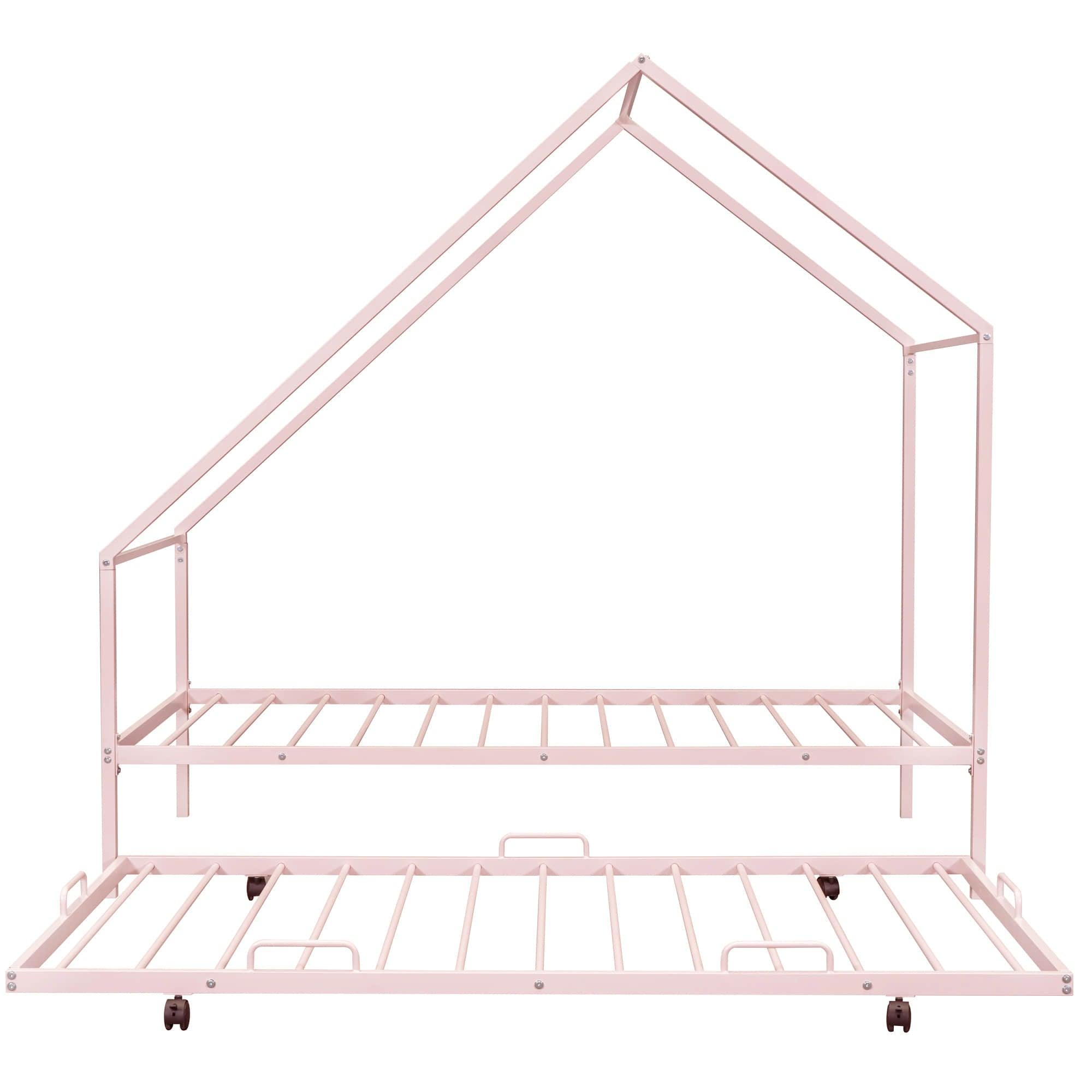 Twin Size Metal Tent House Bed Frame with Twin Trundle Bed