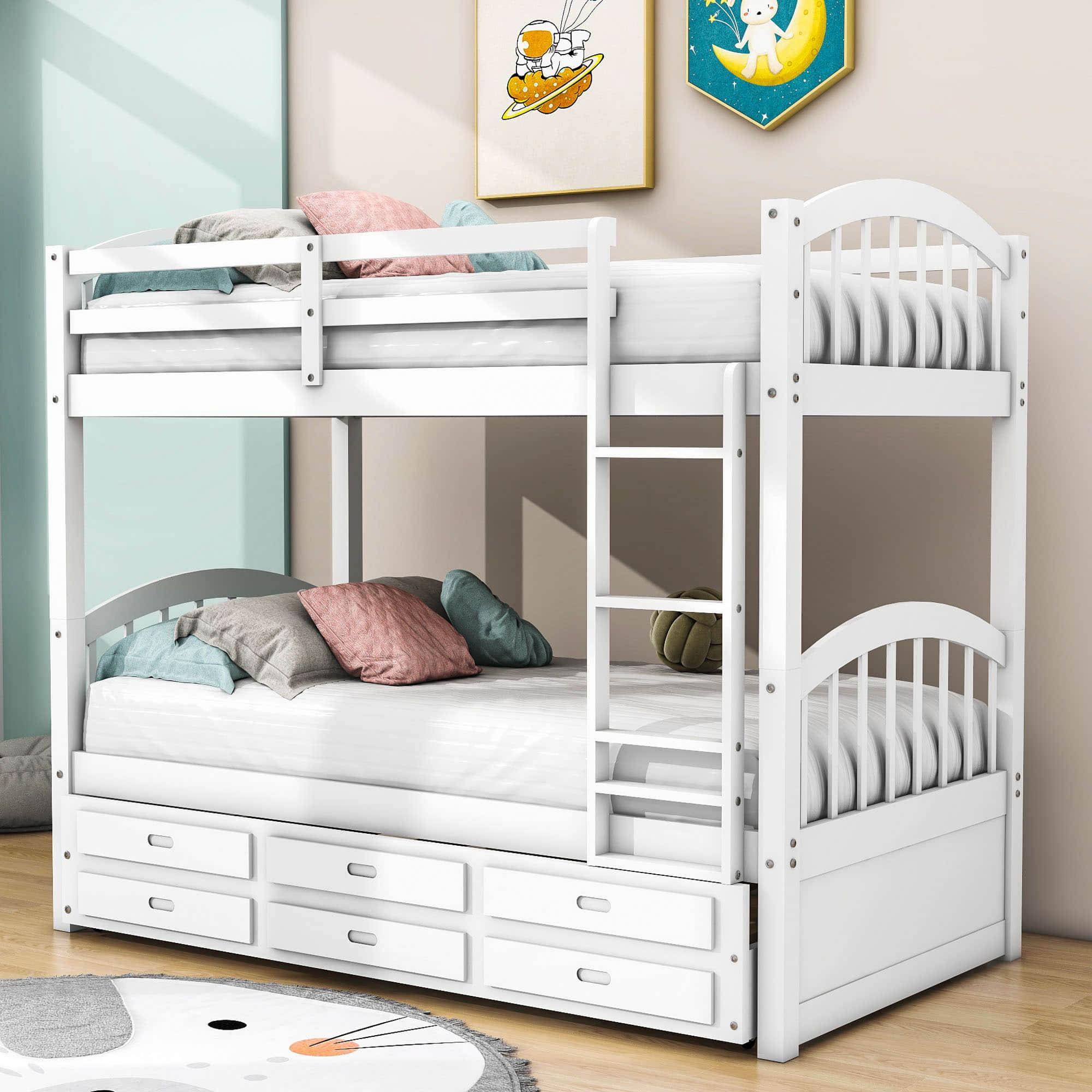 Twin Over Twin Convertible Bunk Beds with Trundle and Storage - [Wooden]