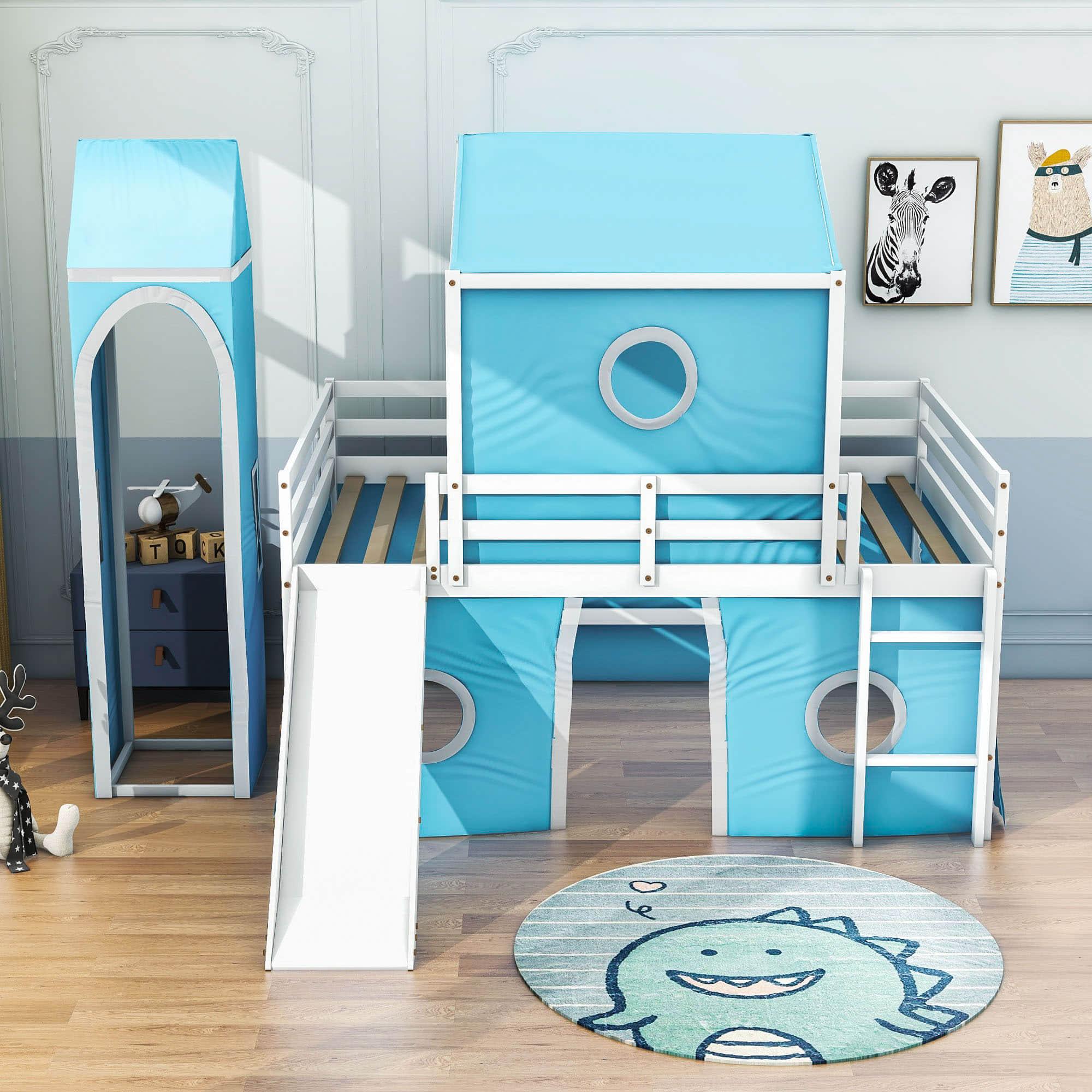 Low Full Over Full Bunk Beds with Slide for Kids Toddler - [Wooden, Tent, Tower]