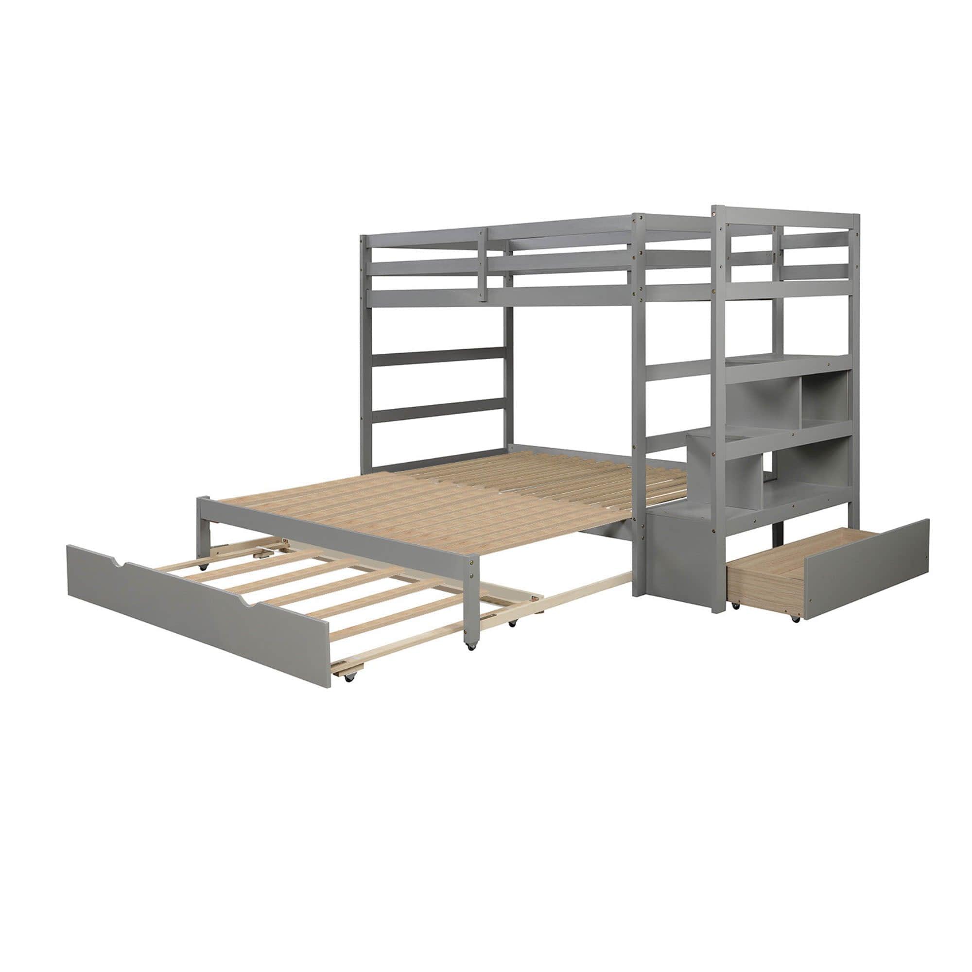 Twin Over Twin/King Convertible Bunk Beds with Stairs and Trundle