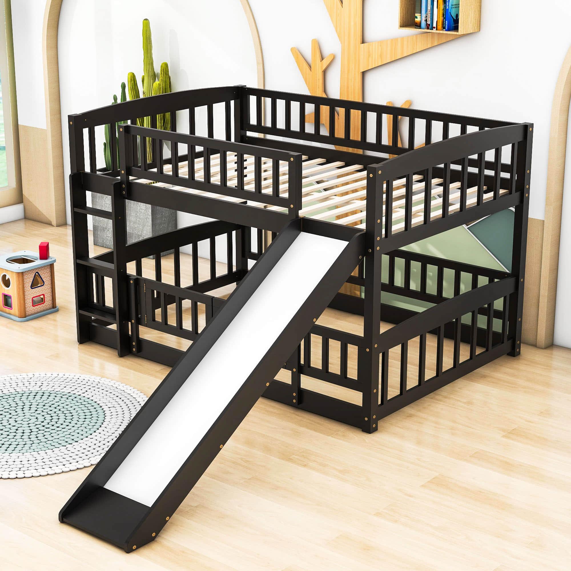 Full Over Full Low Bunk Beds with Slide and Fence - [Interchangeable Ladder, Floor]