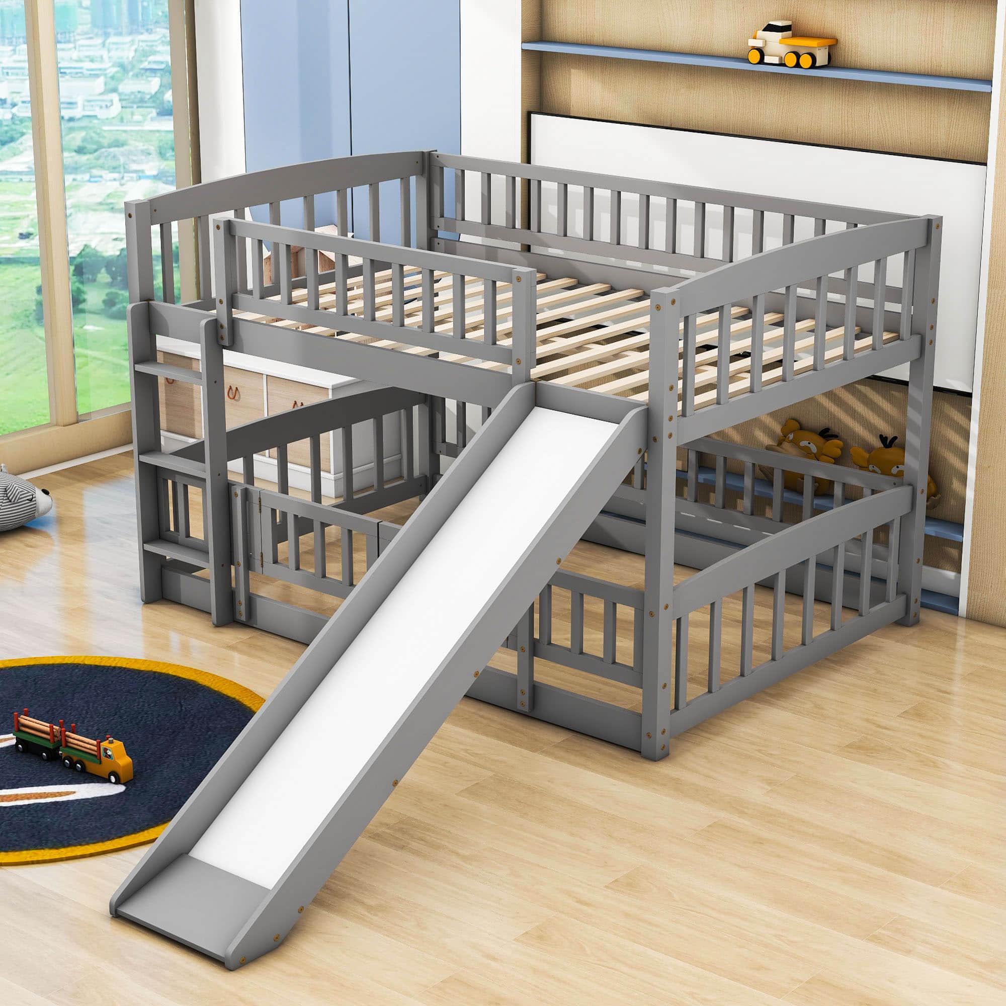 Full Over Full Low Bunk Beds with Slide and Fence - [Interchangeable Ladder, Floor]