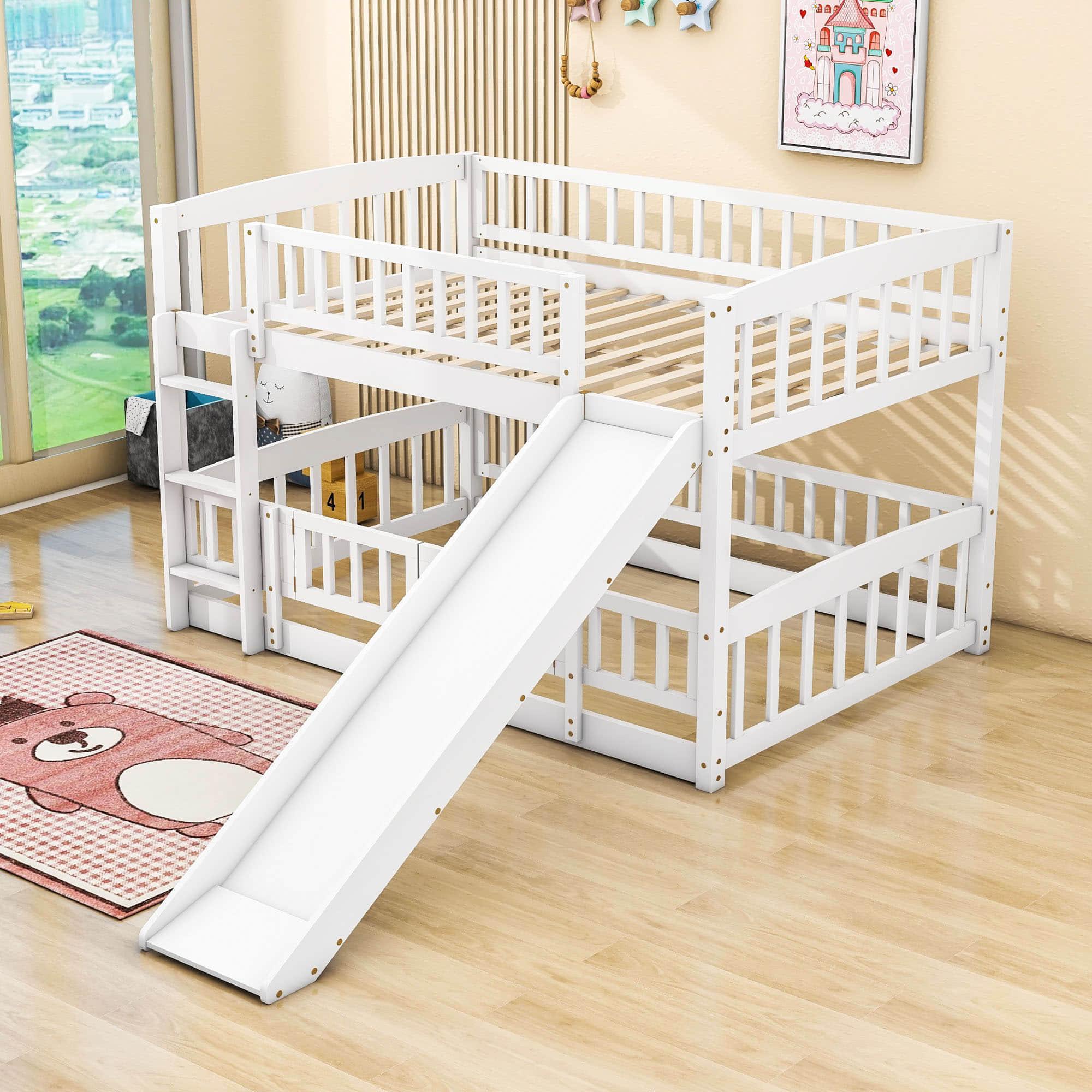 Full Over Full Low Bunk Beds with Slide and Fence - [Interchangeable Ladder, Floor]