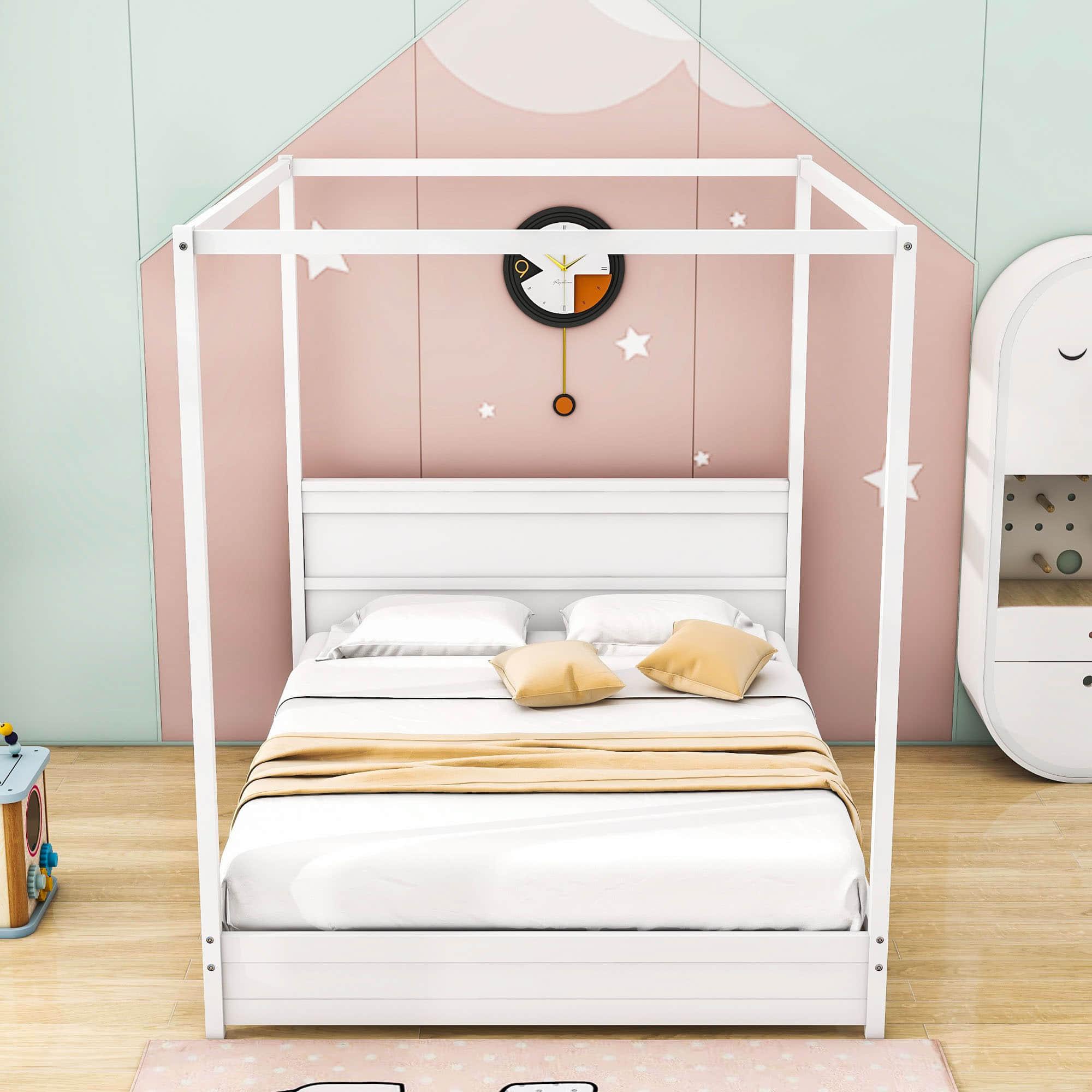 Wooden Modern Low Profile Queen Canopy Bed Frame with Headboard