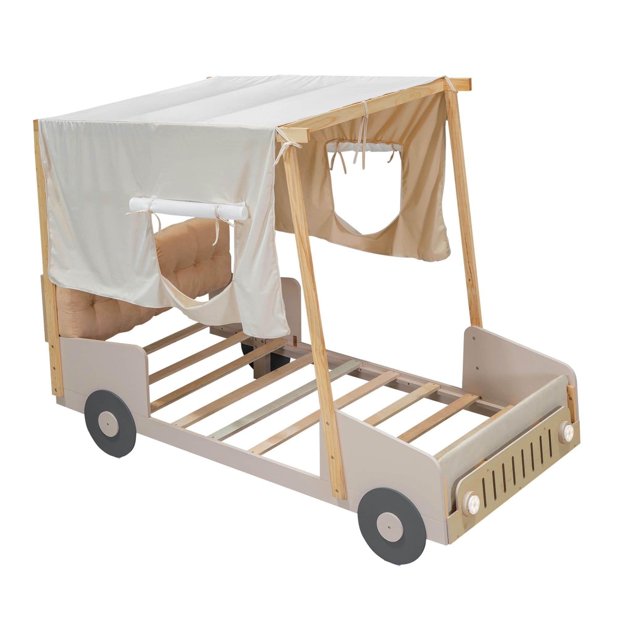 Wood Twin Car Bed Frame with LED Lights and Canopy for Boys