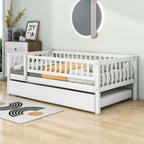 Wooden Twin Low Kids Bed with Twin Size Trundle and Rails