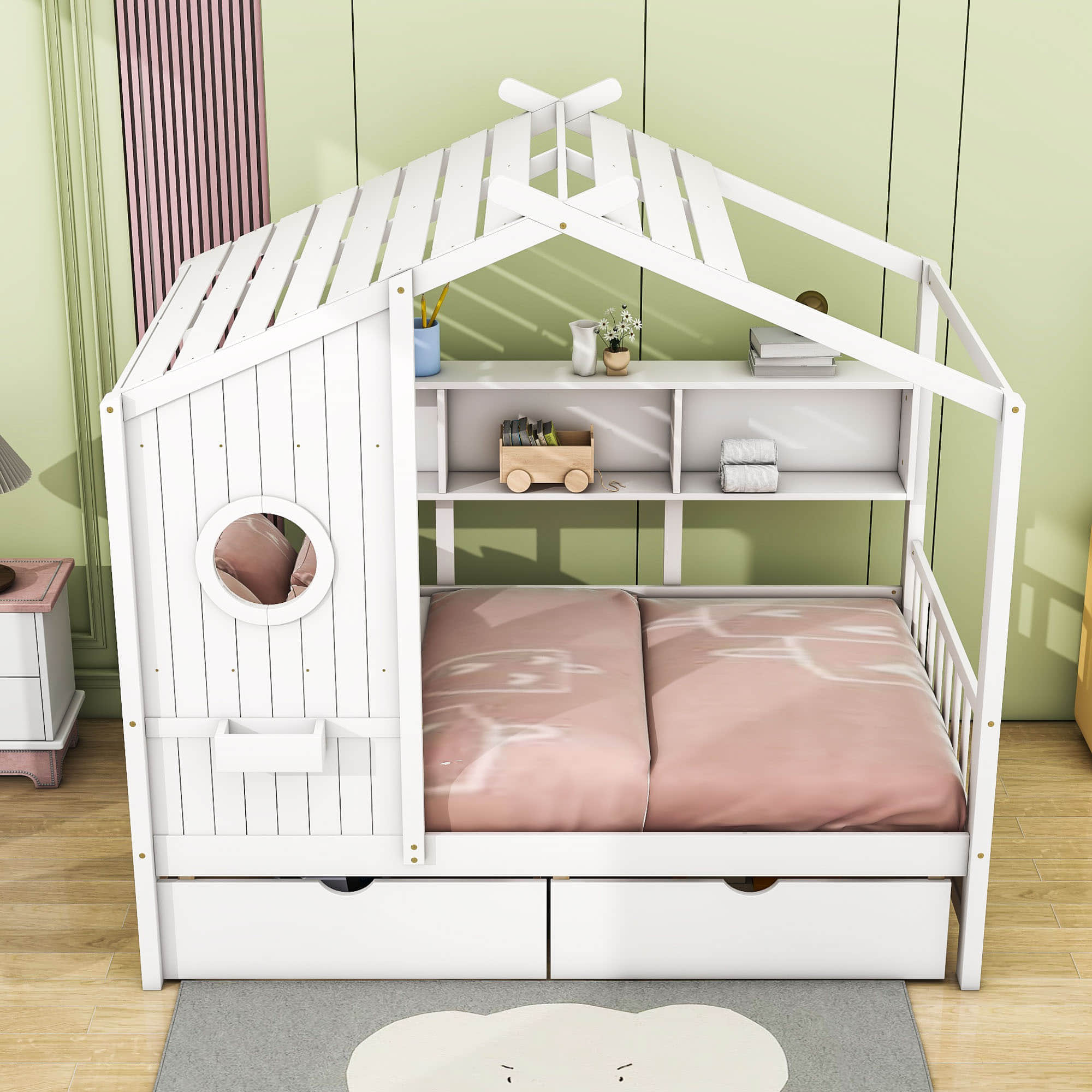 Kids Wooden Twin Size House Bed with Storage Drawers, Shelves