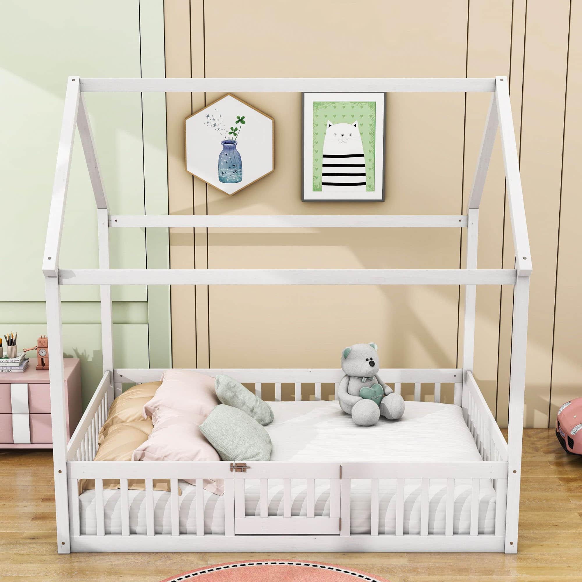 Full Size Wood House Toddler Floor Bed with Rails and Door