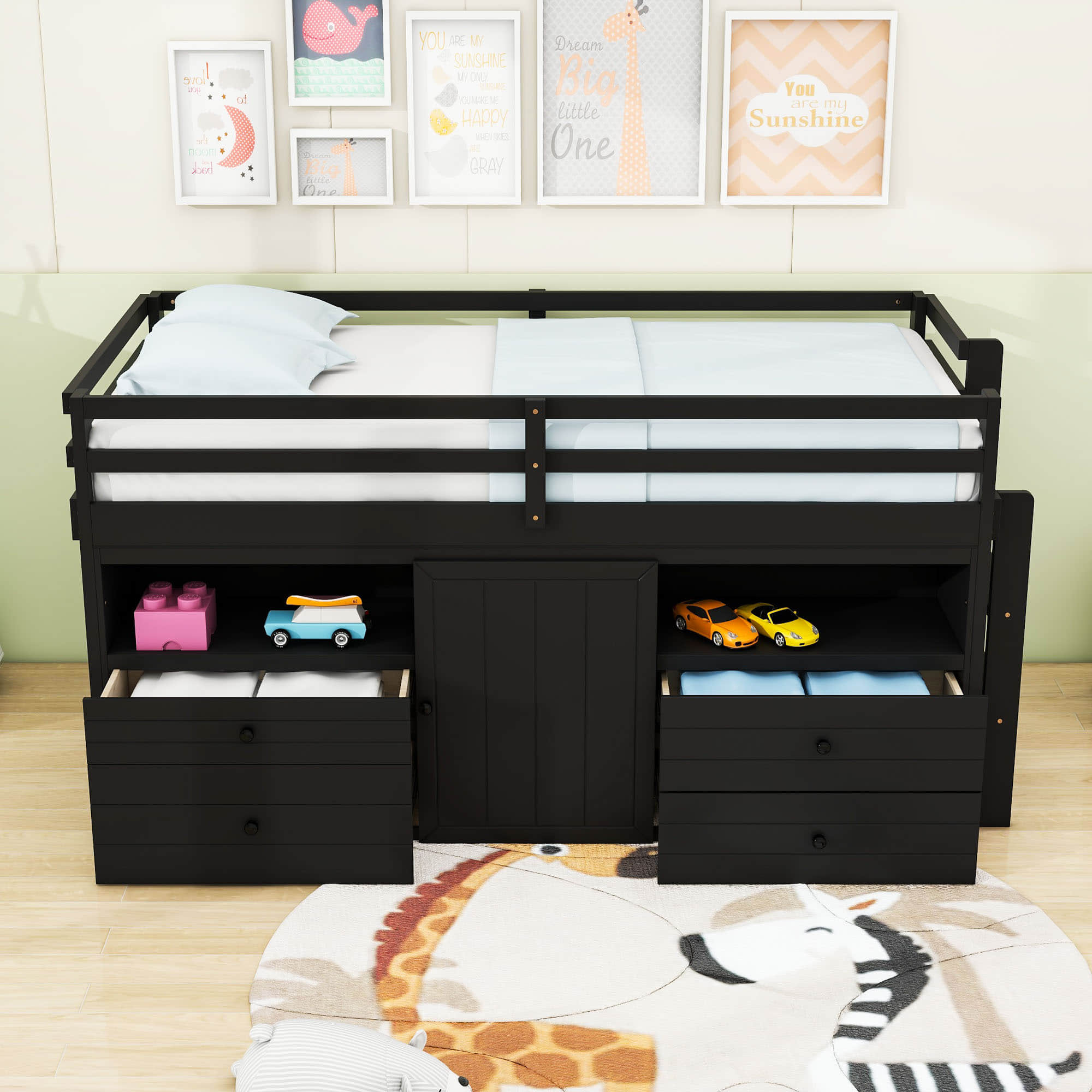 Low Twin Loft Bed Frame with Storage for Kids - [Drawers, Cabinet, Shelves]